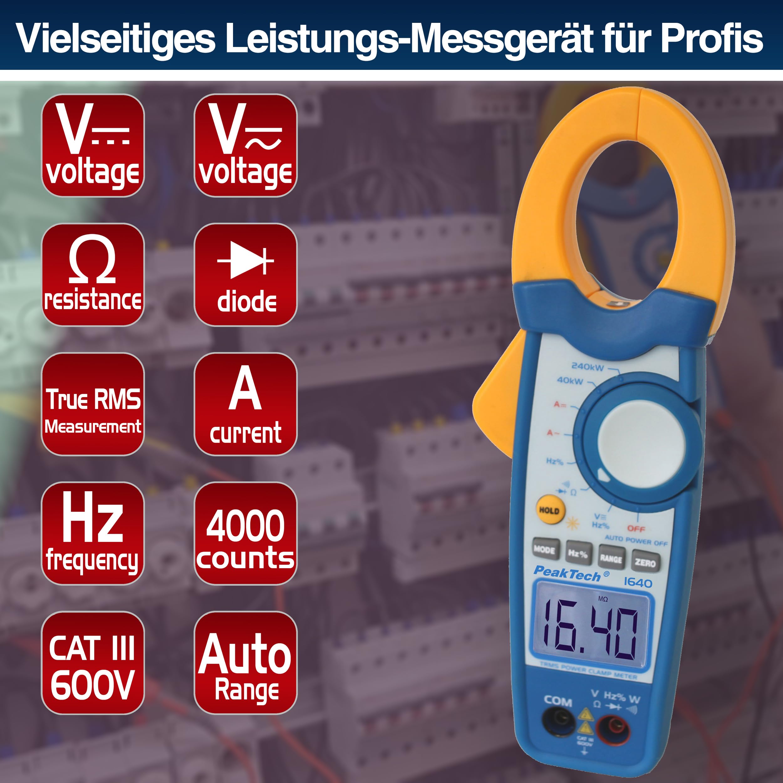 PeakTech P 1640 True RMS Stromzange 1000A AC DC und Digital Multimeter 4000 Counts mit Durchgangsprüfer - CAT III 600V, 1 Stück, Blau, Gelb, Weiß