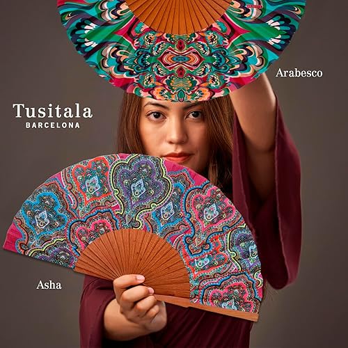 Miniatura 5 de Spanish Balance Fan - Wood and Cotton - 23 cm - Jute Case and Case - Fashion Accessory - Handmade in Spain - Events and Gifts - Geometries