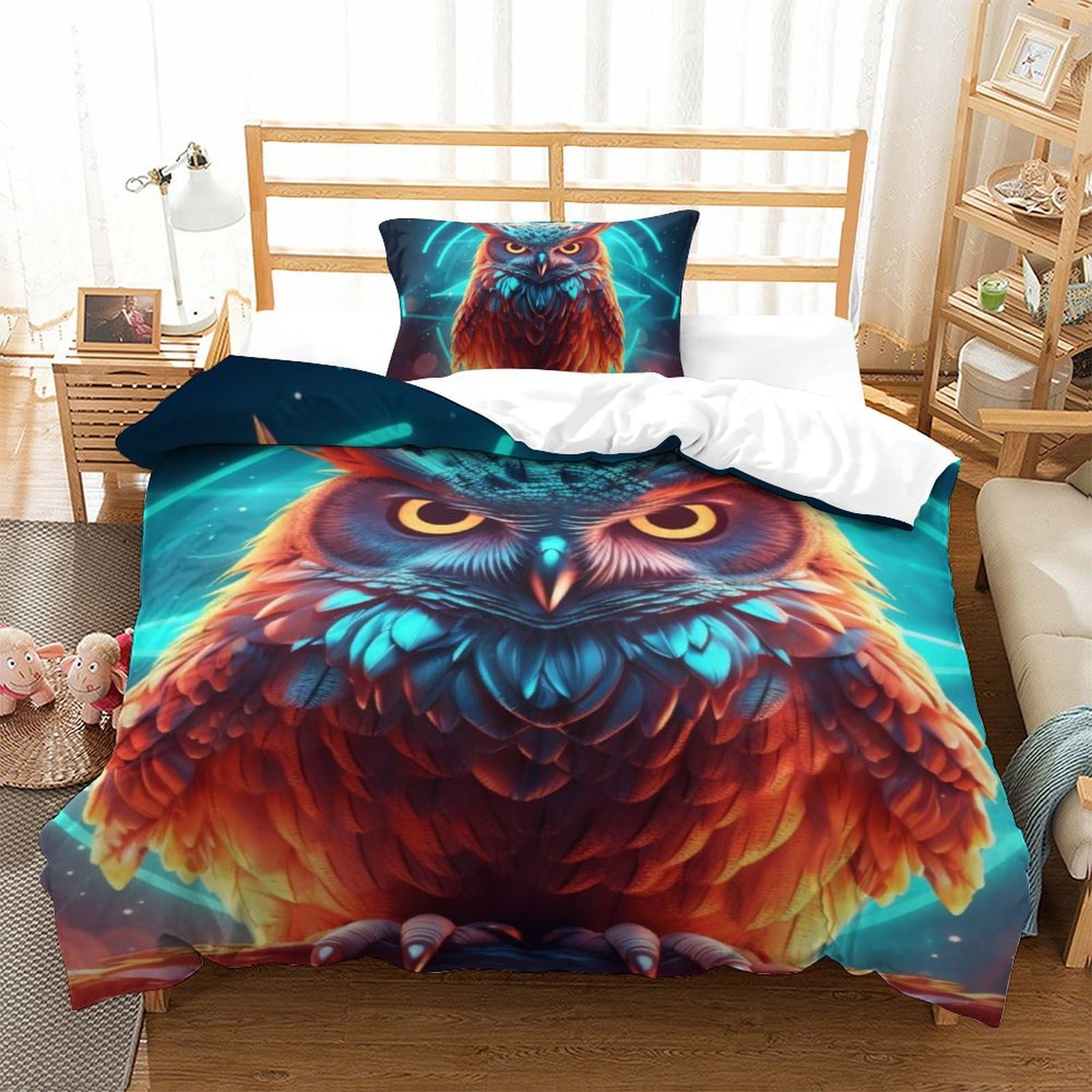 Housse de couette chouette 3D microfibre 135x200 cm avec taie d'oreiller pour lit simple