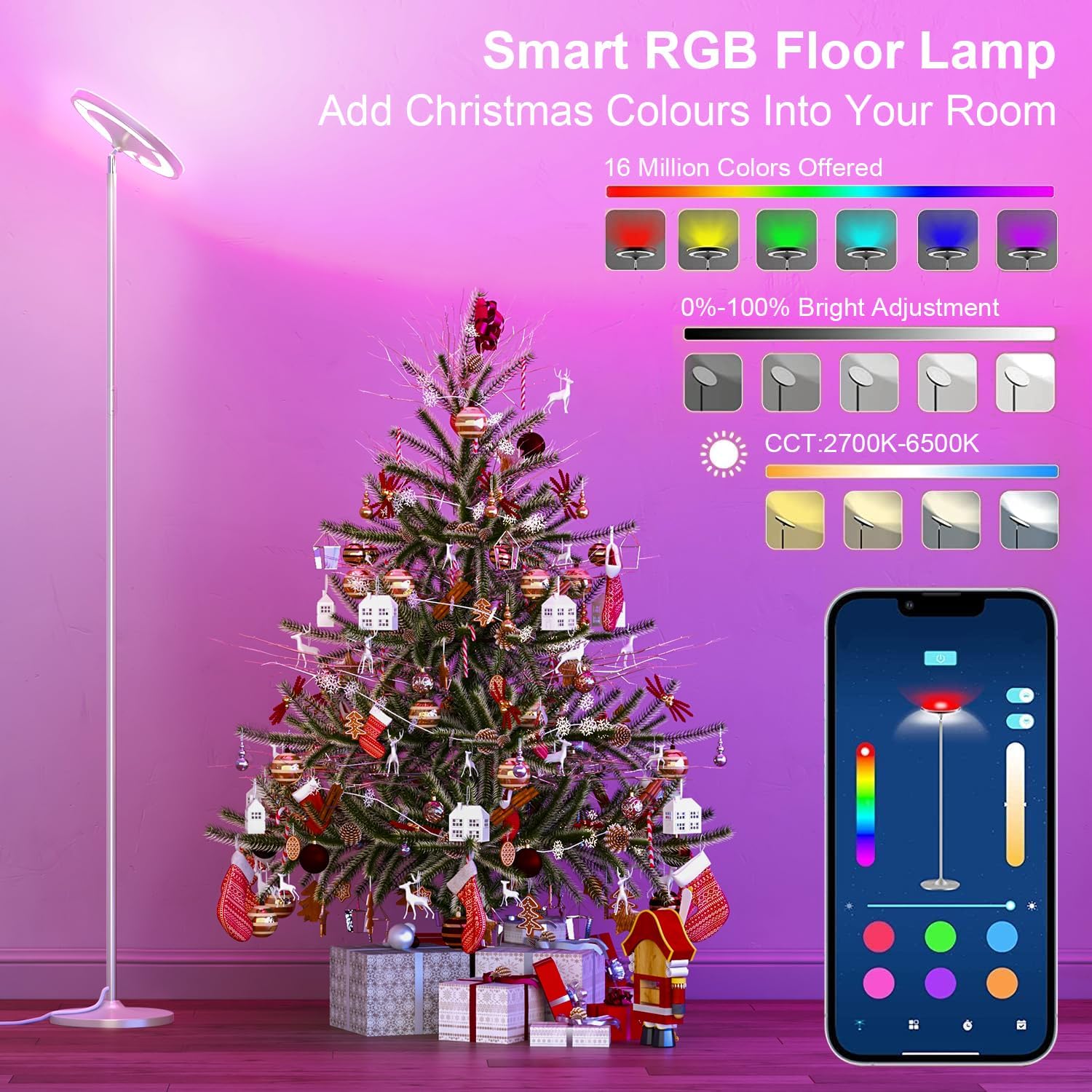 Keepsmile Silver Double Side Lighting LED Floor Lamp with Remote Smart App 36W 2600LM Bright Tall Standing RGB Floor Lamp Angle Multicolor Dimmable Modern Floor Lamps for Living Room Bedroom