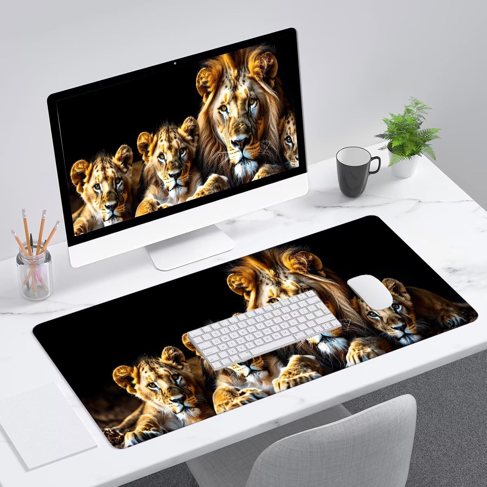 Nero Tappetino Mouse Gaming, Tappetino Mouse XXL 1200 x 500 mm, Tappetino Mouse Leone, Mouse Pad con Base Antiscivolo, Bordi Cuciti Tappetino per Mouse, Tappetino Mouse Gaming di Alta Precisione S-25