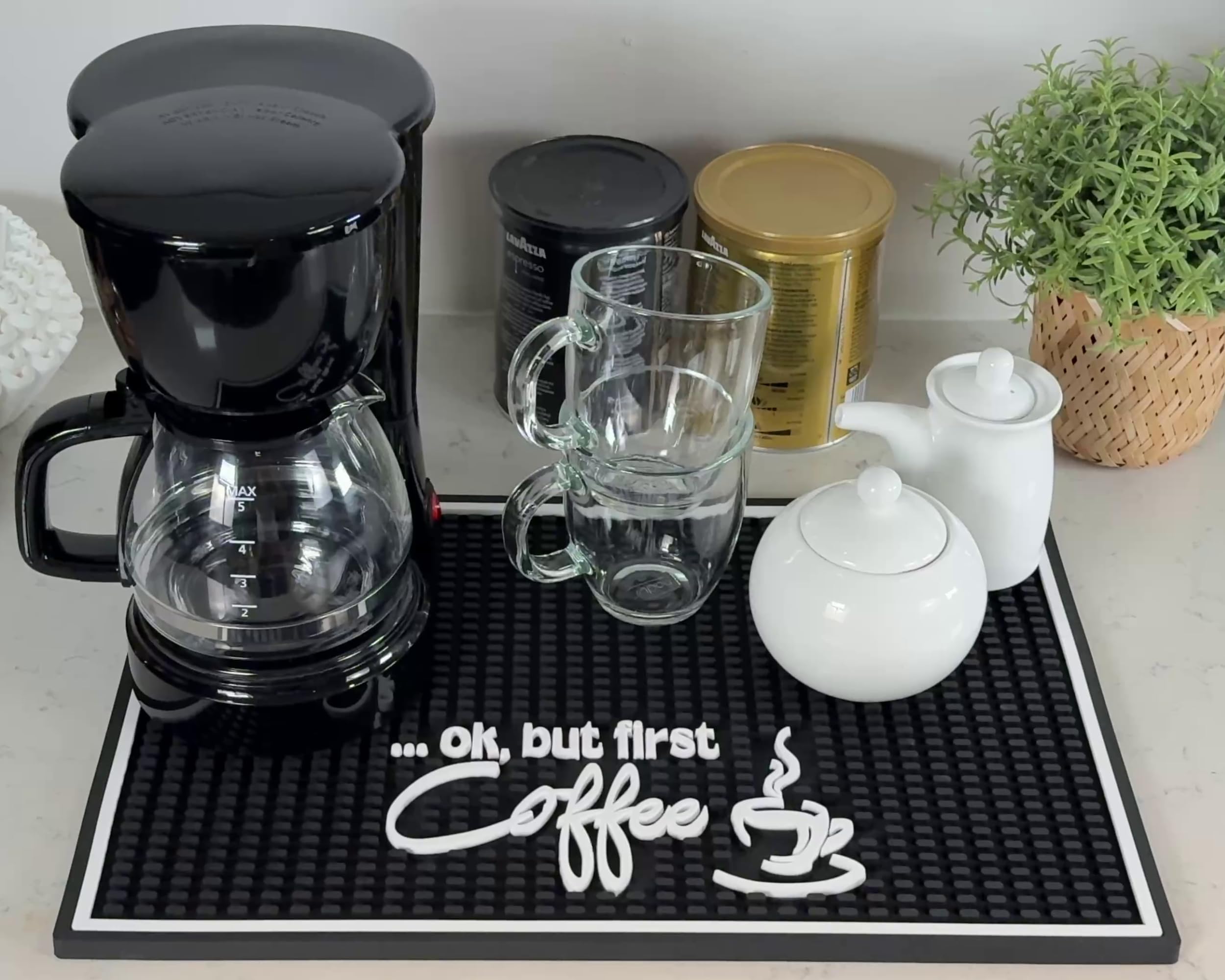 Ok But First Coffee Sign Rubber Bar Mat for Countertop, 18x12 Coffee Bar Mat, Coffee Bar Sign Counter Mat, Barista Station Mat, Cocktail Rubber Mat