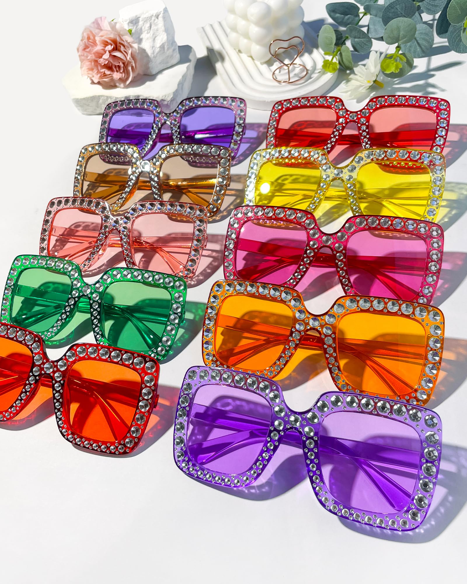 Pibupibu Lot de 48 lunettes de soleil classiques et pailletées disco surdimensionnées en cristal style années 70 avec strass