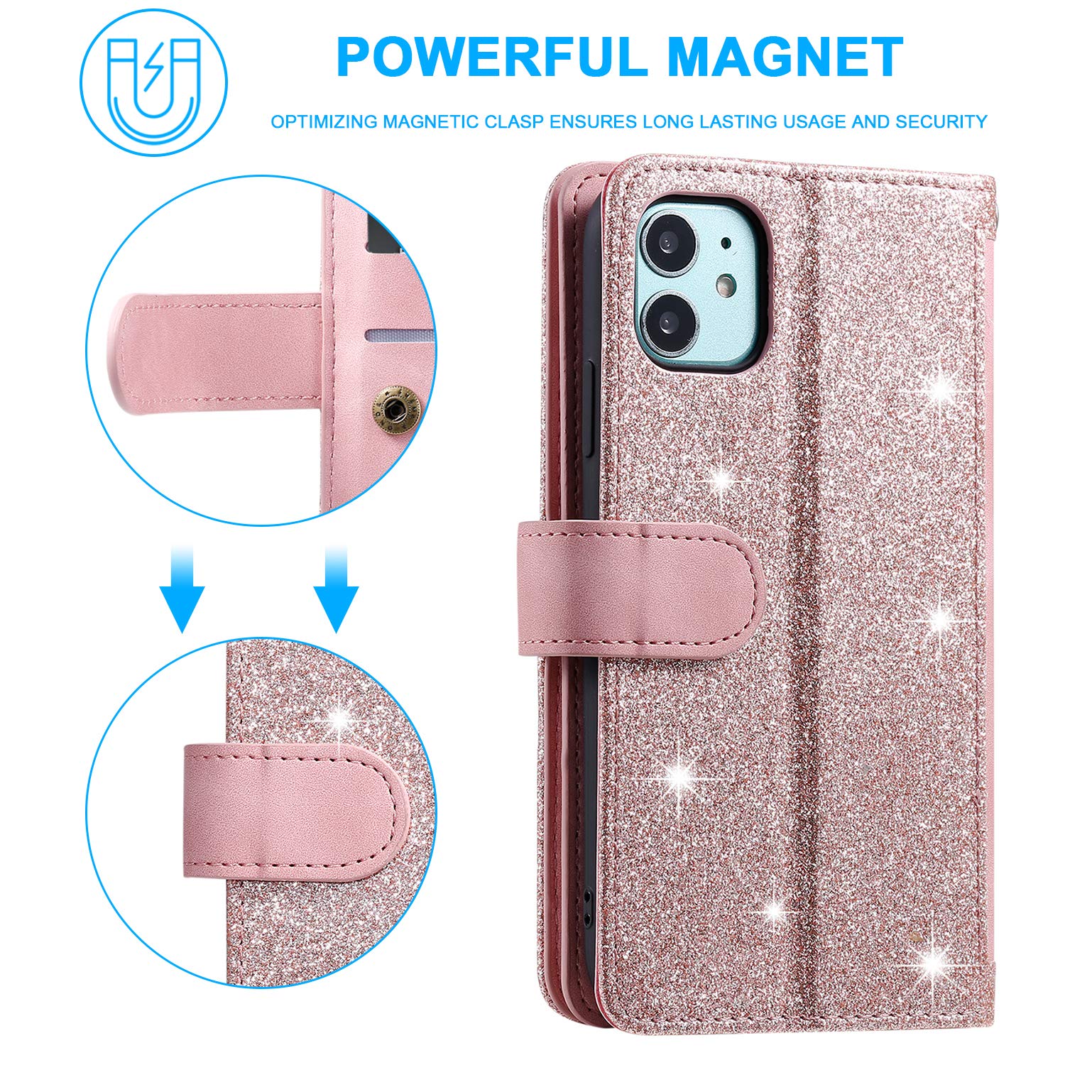 UEEBAI Custodia Portafoglio Per IPhone 11 6.1'' – Pelle PU Con Slot Carte E Tasca Banconote – Chiusura Magnetica E Funzione Supporto – Colore Nero