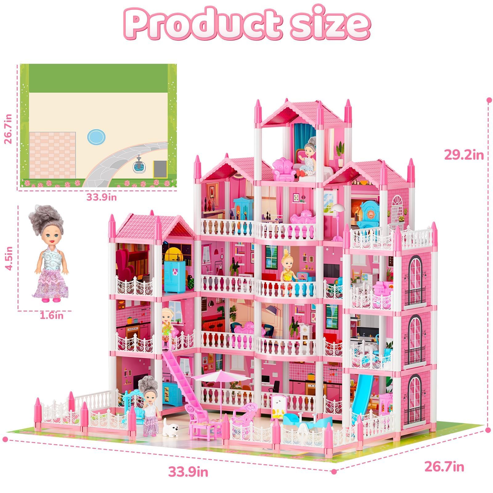 Doll Houses for Girls, Playhouse 4-Story 11 Rooms with 4 Dolls & Furniture Accessories & Flashing Lights, Princess Doll House Toy Toddler Birthday Gift for 3 4 5 6 7 8 Year Old (Purple)