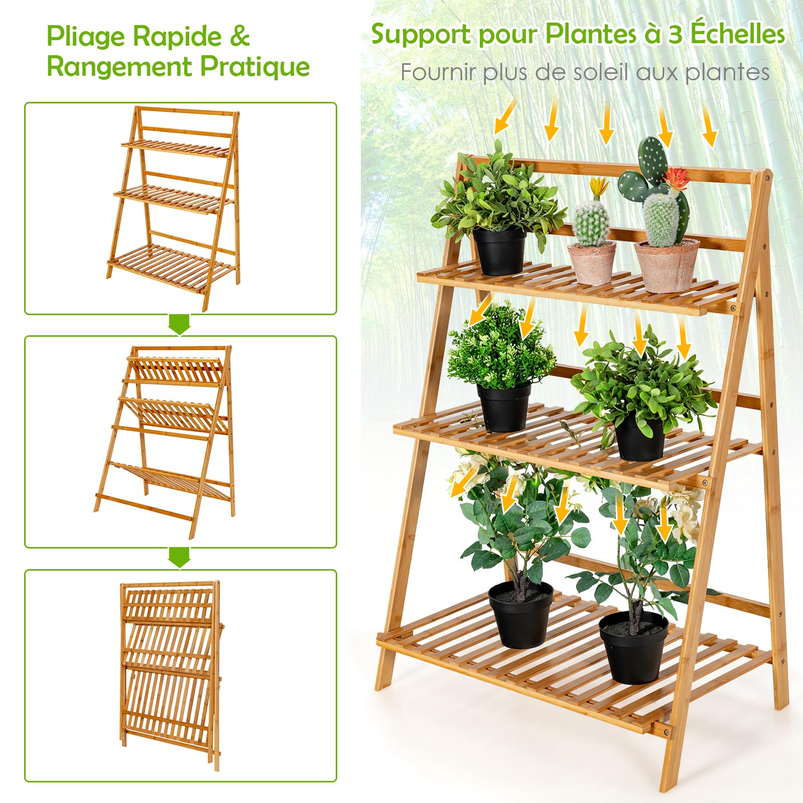 RELAX4LIFE Support de Plantes Pliable en Bambou, Étagère pour Plantes à 3 Niveaux, Étagère à Fleurs Pliante, Échelle à Plantes, pour Salon, Balcon, Jardin, Intérieur et Extérieur, Naturel