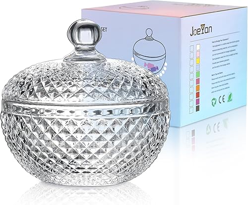 Joeyan Tarros pequeños de vidrio transparente de 12 onzas con tapa, platos de caramelo de vidrio en relieve, contenedor de alimentos facetado de