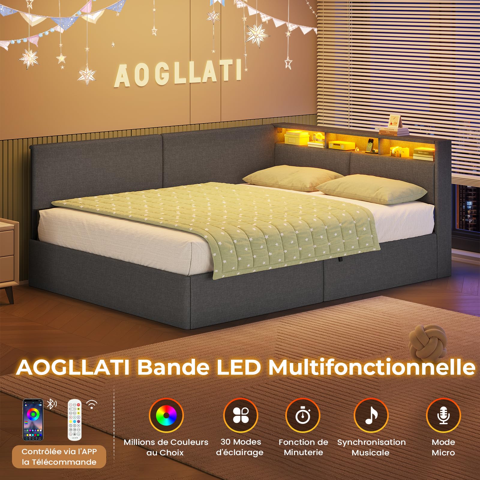 AOGLLATI Canapé lit 140 x 200, Lit Coffre 140 x 200 avec LED et Ports USB, Lit Hydraulique avec Tête de Lit capitonné et Rangement, Lit 2 Personnes avec Lattes en Bois, Lin Gris Foncé(sans Matelas)