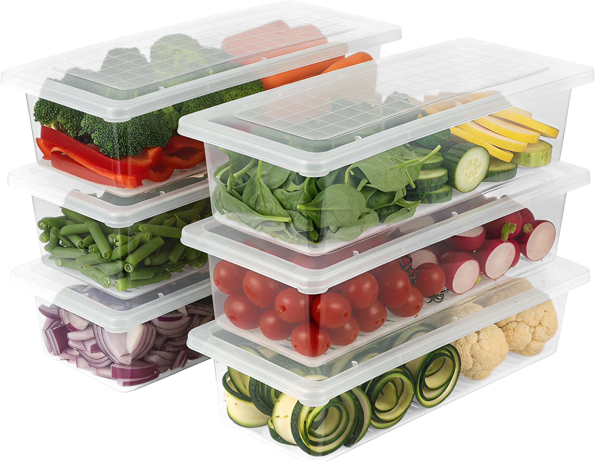 VOLTURI Fridge Storage Containers (Pack of 6), Fridge Organiser Storage Boxes with Removable Drain Plate, Lids, Stackable Organizer, Fridge Storage Box Keep Fruits, Vegetables Fresher, 1500 ML