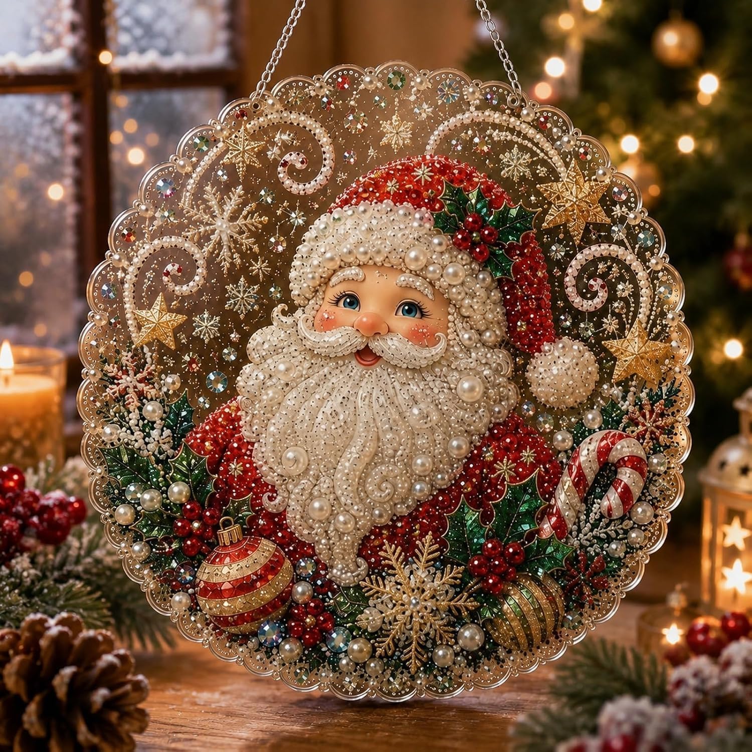 Christmas Diamond Art Kits for Adults, Suncatcher DIY Craft 3D Pearl Diamond Painting Art Kit, Pre-Assembled Metal Chain Sparkling Gem Festive Window Wall Decor