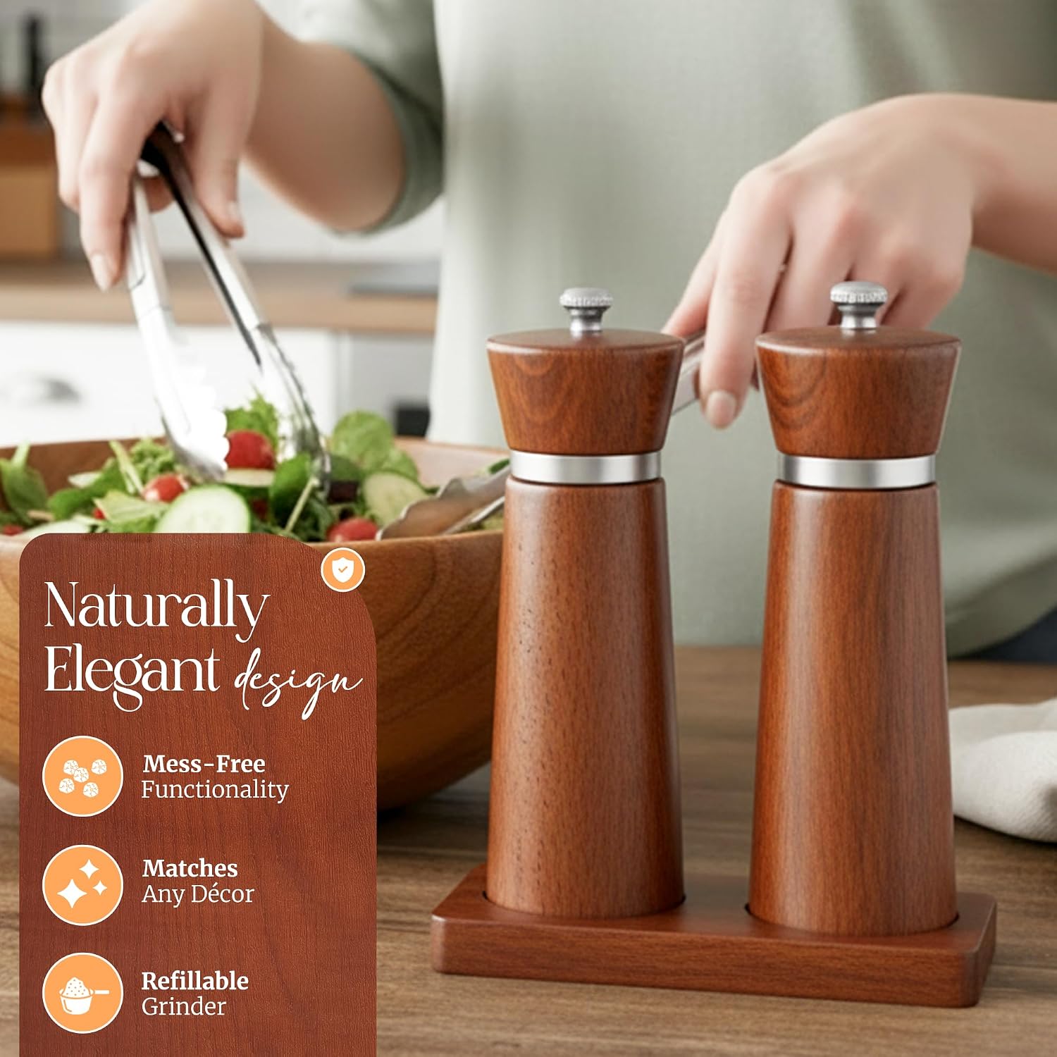 Besti Wooden Salt and Pepper Grinder Set with Tray - Striped Acacia Refillable Grinders for Salt, Pepper, Seasonings, Reusable Pepper & Salt Mill - Kitchen & Dining Table (7" Acacia)