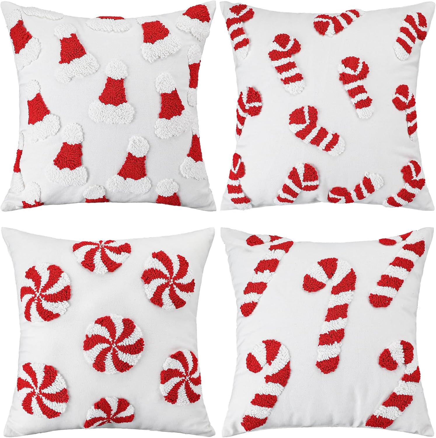 Fourluoo Christmas Trees Pillow Covers 18x18 Inch Double Sided Foil Plush White Red Green Soft Plush Faux Fur Christmas Throw Cushion Case for Sofa Living Room (4 Pcs, Candy Can, 18"×18")
