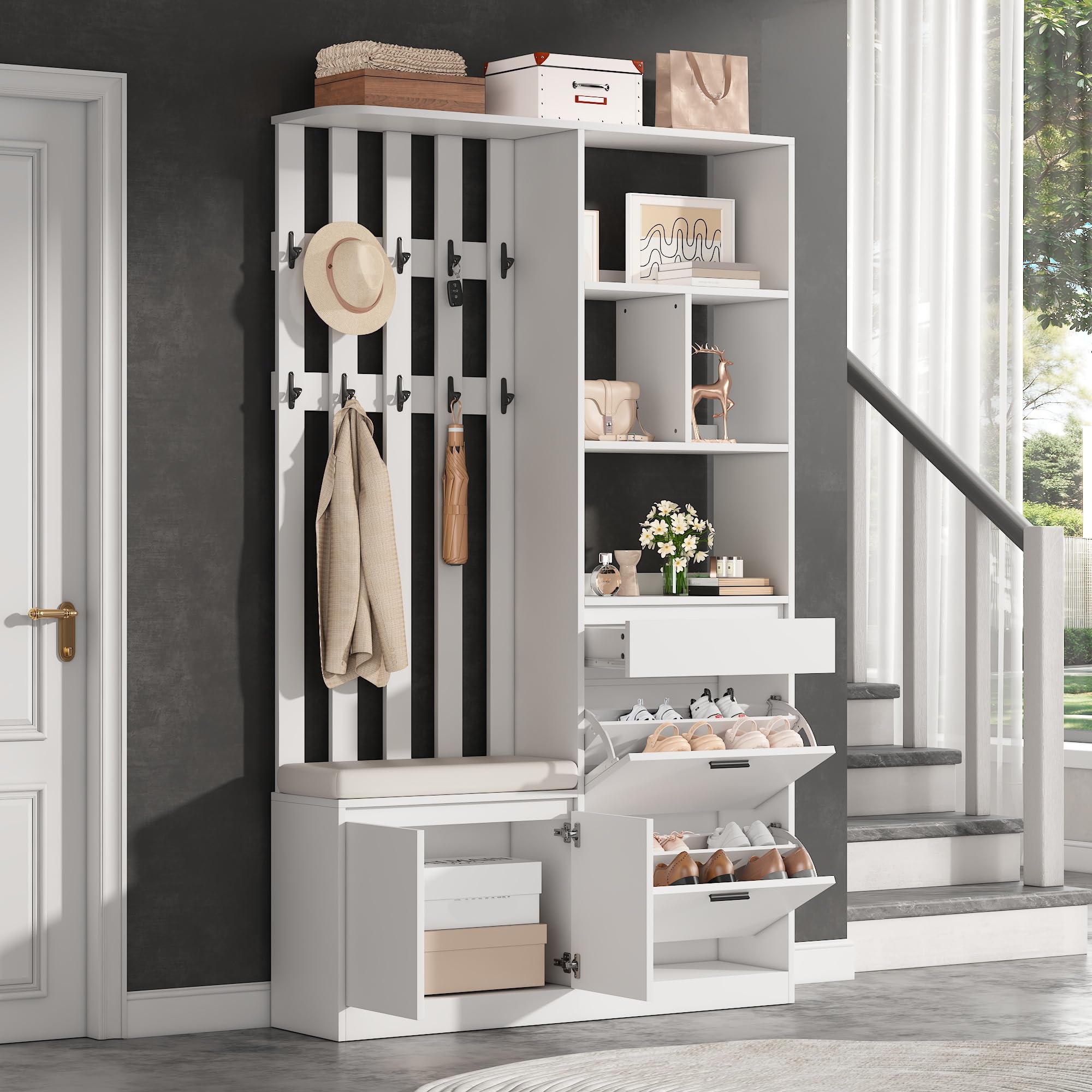 REXO Set di guardaroba, elegante e compatto, pratico appendiabiti da parete (bianco1, 120 x 30 x 200 cm)