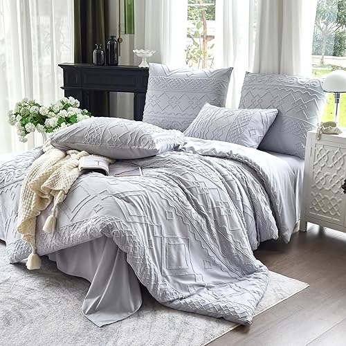 Miniatura 3 de Juego de edredón copetudo, tamaño Queen, 3 piezas, color gris, bohemio, decoración de casa de campo para todas las estaciones, tamaño Queen, juego