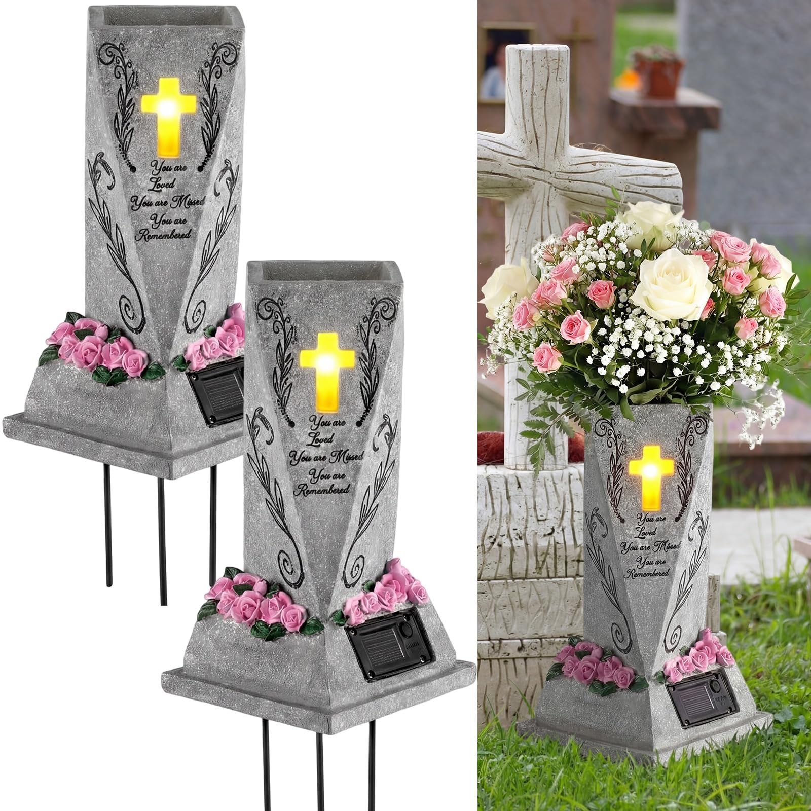 Vase de cimetière solaire LED DoubleFill pour décoration de pierre tombale et souvenirs