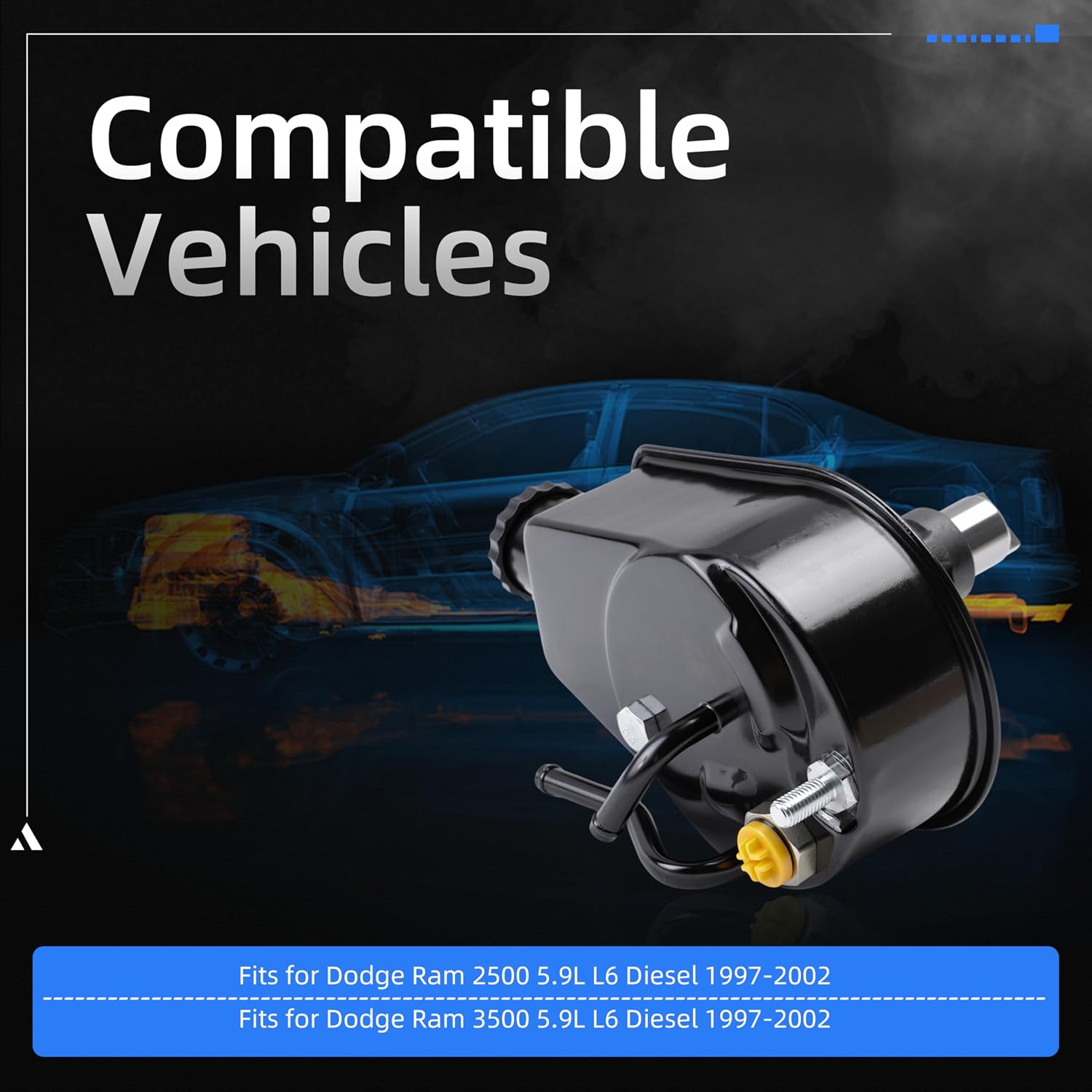 Power Steering Pump, for Dodge Ram 2500/3500 1997-2002, L6 5.9L, Power Assist Pump Replace# 20-8002, 20-8002F, 86-00336R, 96-8002, 208002F, 4883960AA, 4883960AB, 488960AA, 18600336-101