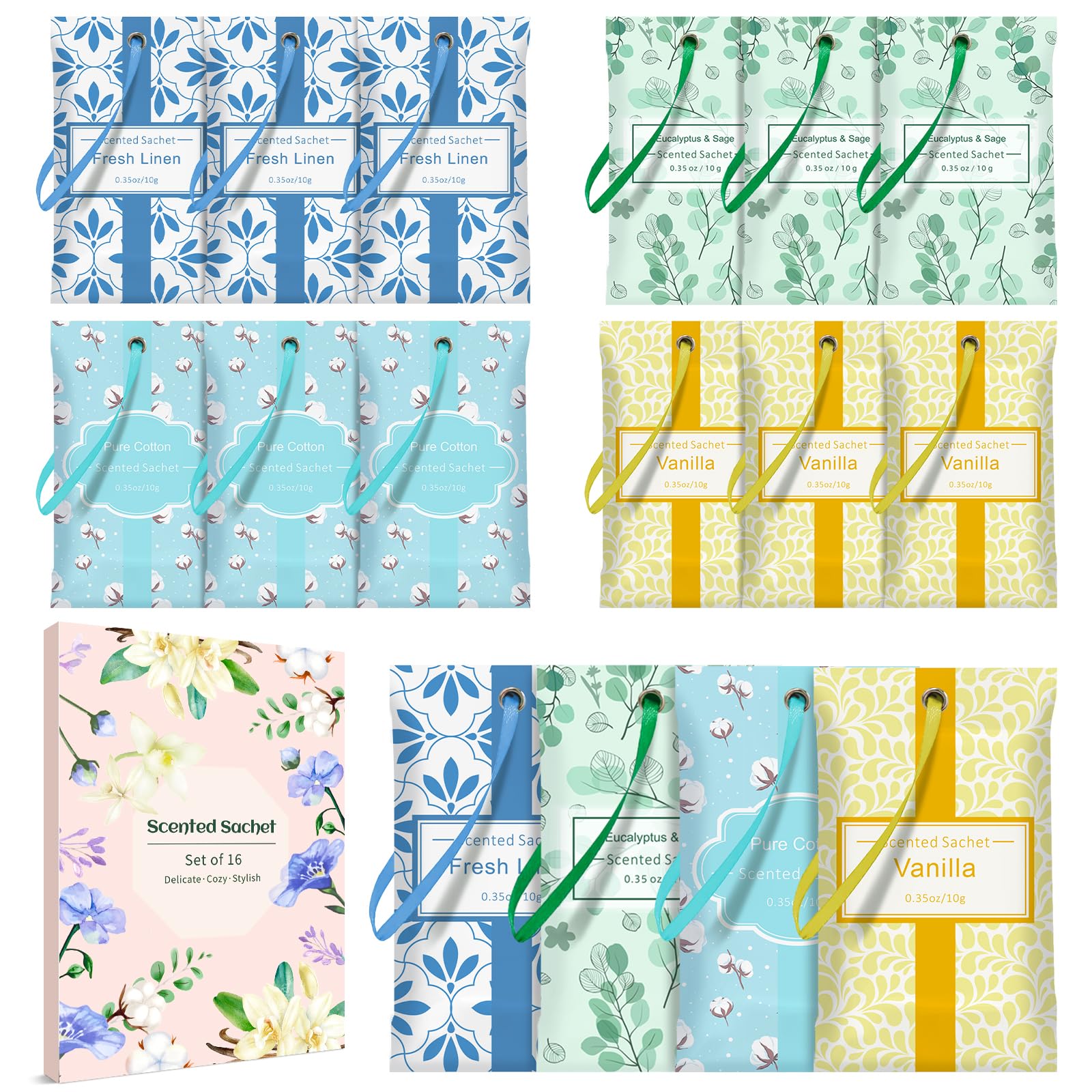 SCENTORINI Sachets Parfumés Frais pour Tiroirs, Armoires, Voitures, et Garde-Robes, 16 sachets, 4 Senteurs Lin, Coton, Vanille, Eucalyptus Sauge, Parfum Longue Durée