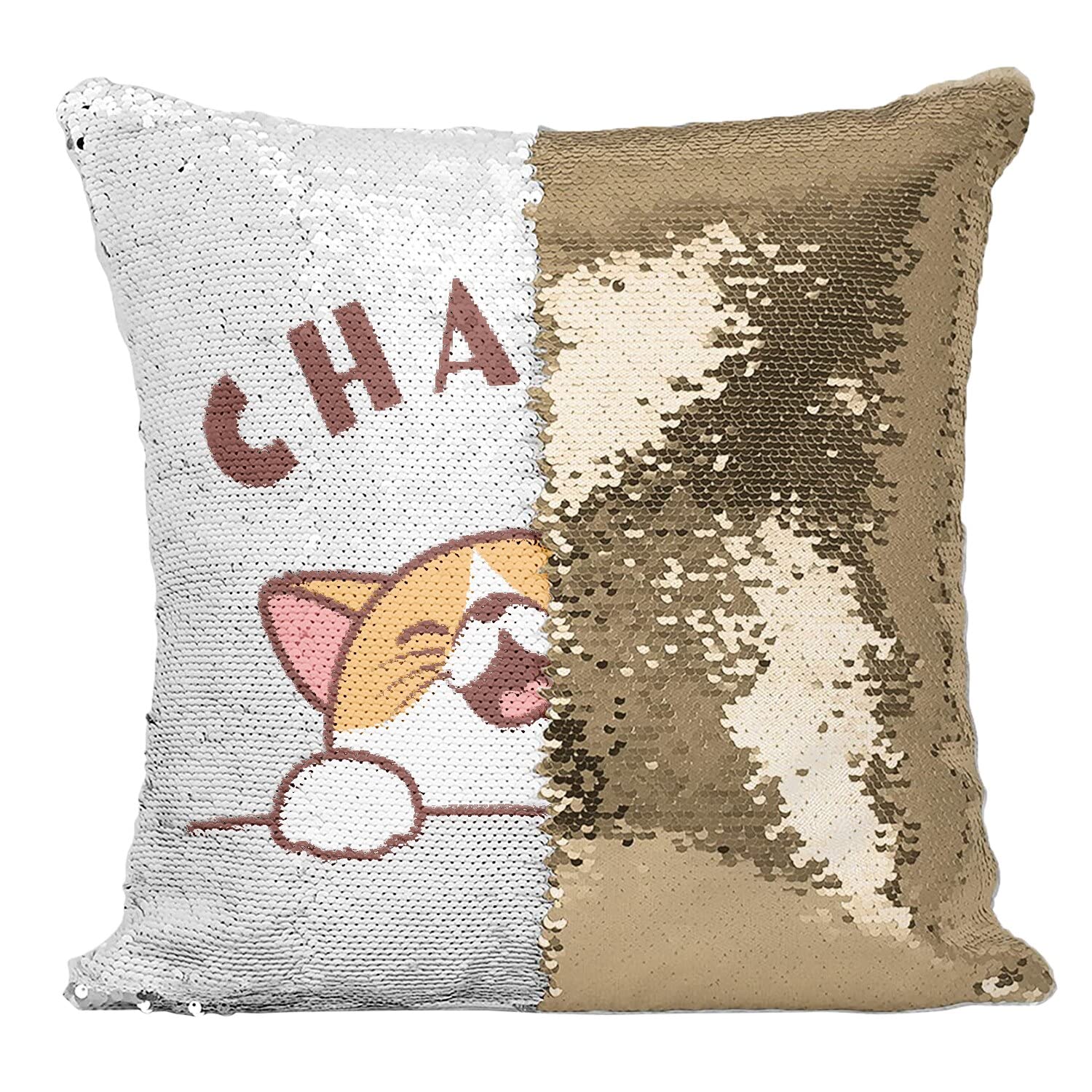 Coussin Sequin Paillettes Doré Chat va Chaton design humour pour décoration de salon