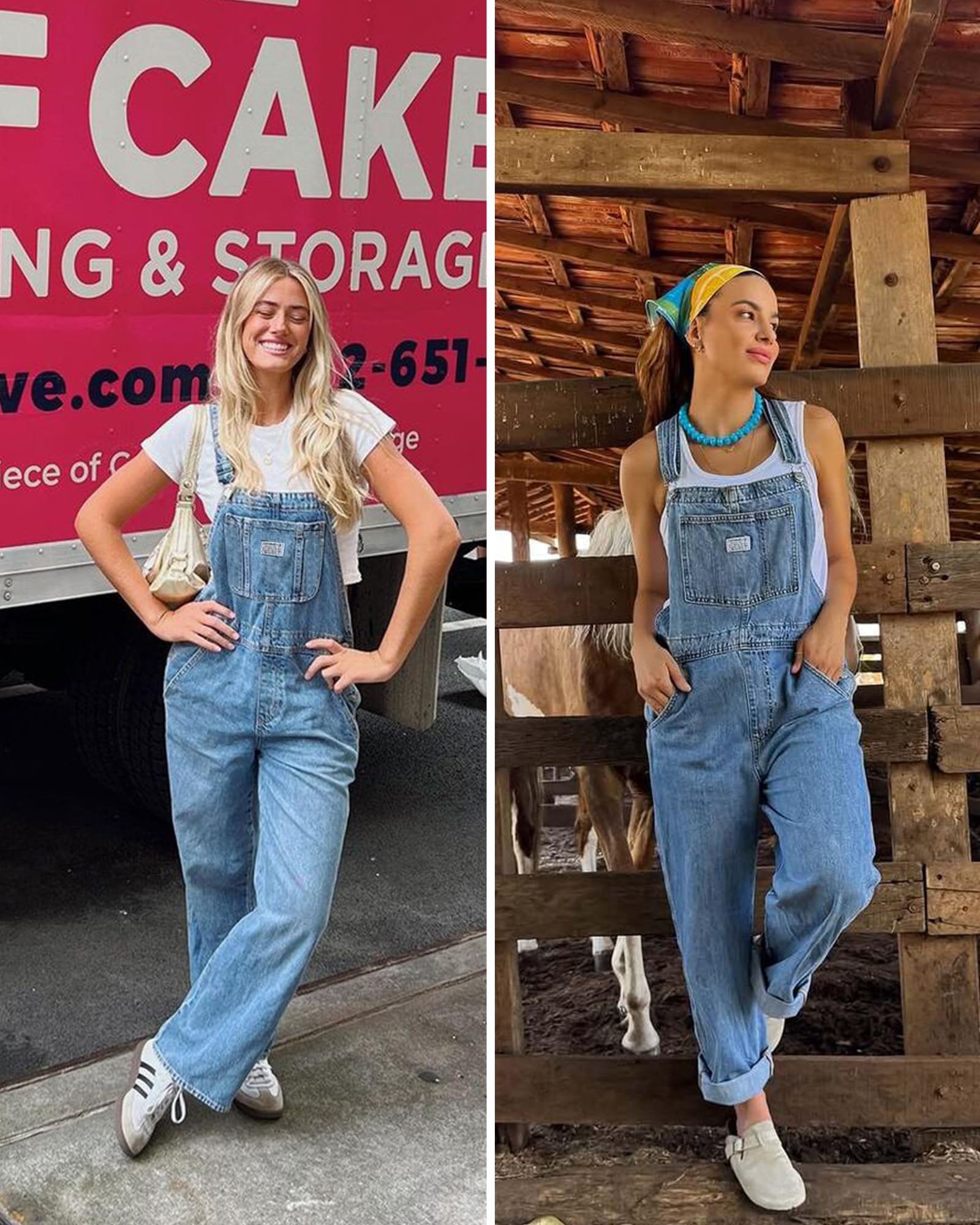 Fengbay Damen Jeans Latzhose Casual Baggy Gerades Bein Denim Bib | Verstellbaren Trägern Jumpsuit mit Taschen, Handy Patch Pockets, Lässiger Alltagslook für Jede Jahreszeit