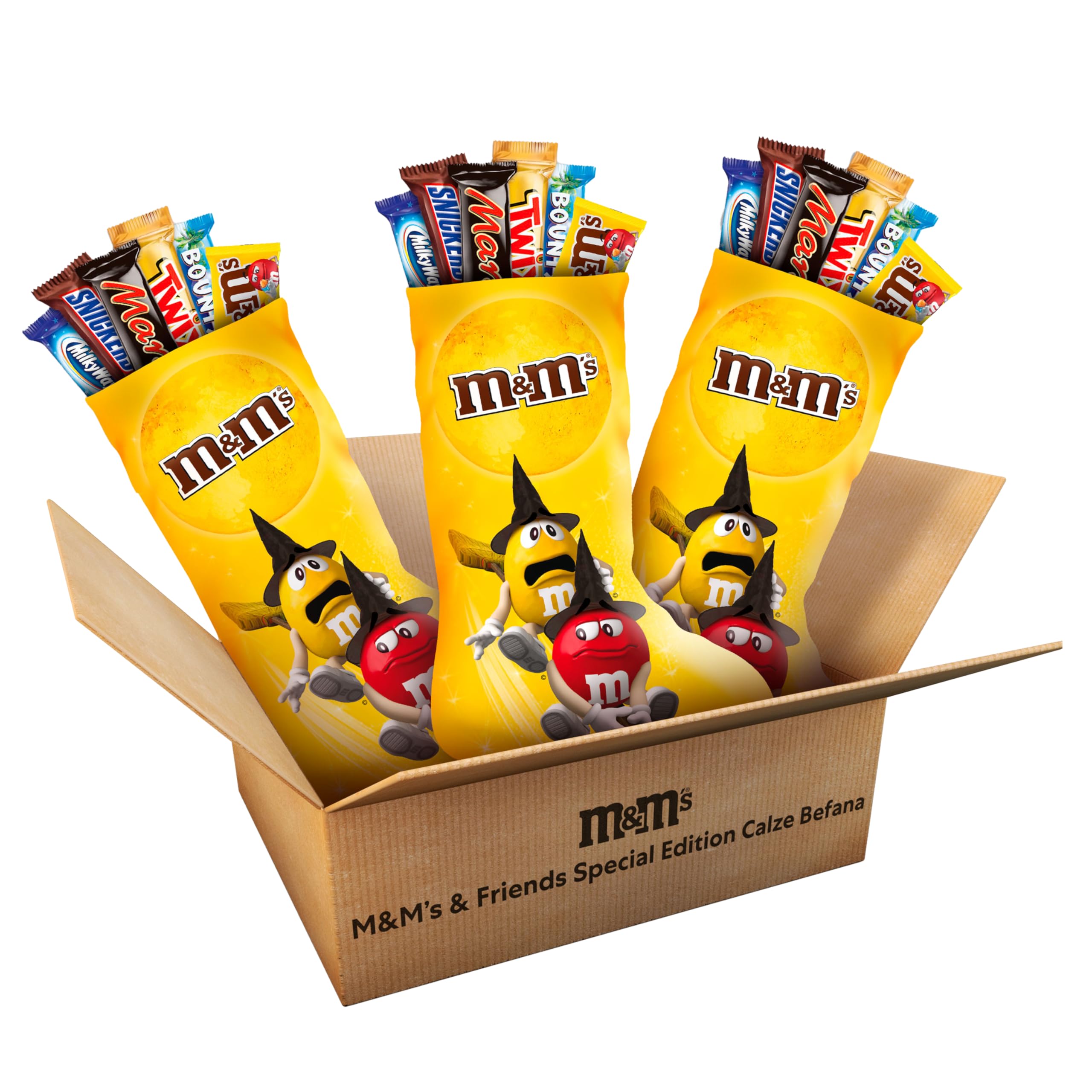 M&M's & Friends 3 Calze della Befana, Edition Epifania con 1560g di cioccolato M&M's, Twix, Snickers, Bounty, Mars e Milky Way