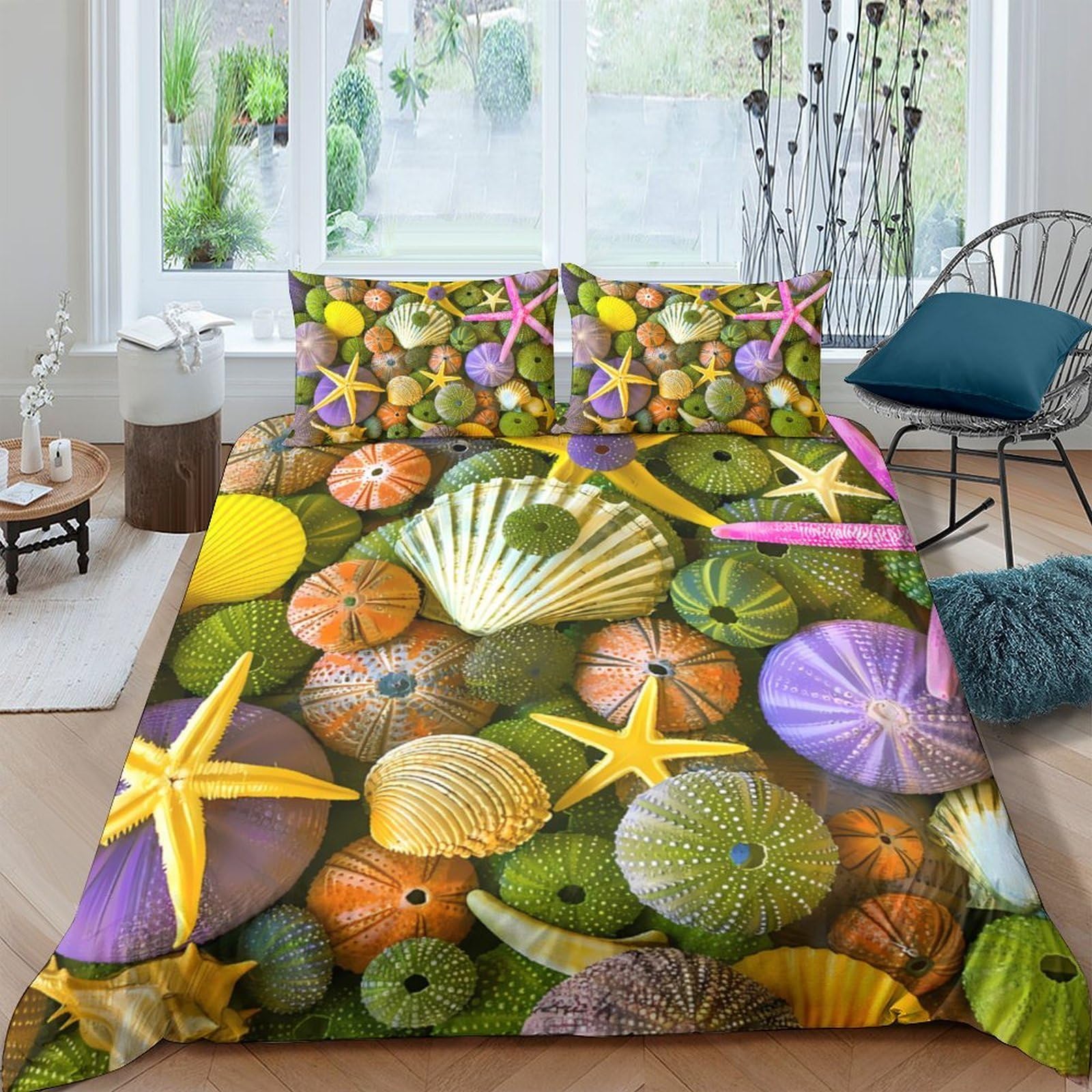 Ctjqhvkz Style-8 3D Printed Seashell Starfish Fitted Sheet Microfiber Soft Colourful Ocean Bed Cover For Bedroom Dorm Decor Single（135X200cm）