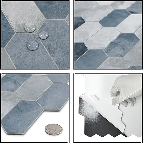 Miniatura 6 de The Tiles Plaza Azulejo de salpicadero para cocina despegar y pegar. Azulejo de pared autoadhesivo hexagonal largo azul. Azulejo de mosaico