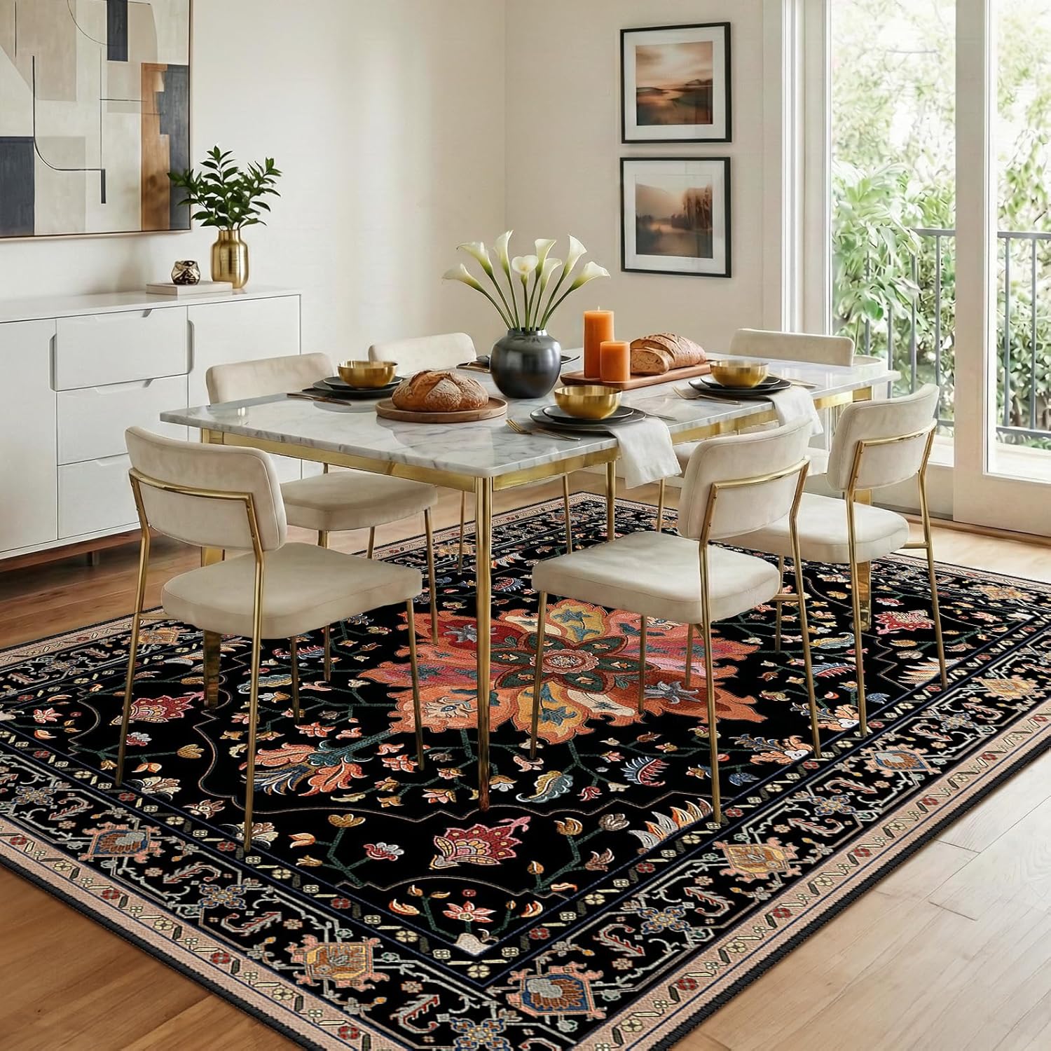 Area Rugs 8'x10' Washable Non-Slip, Floral Vintage Distress Print Pattern Medallion Carpet for Living Room Bedroom Dining Room, Black Colorful Floral Dark Tan