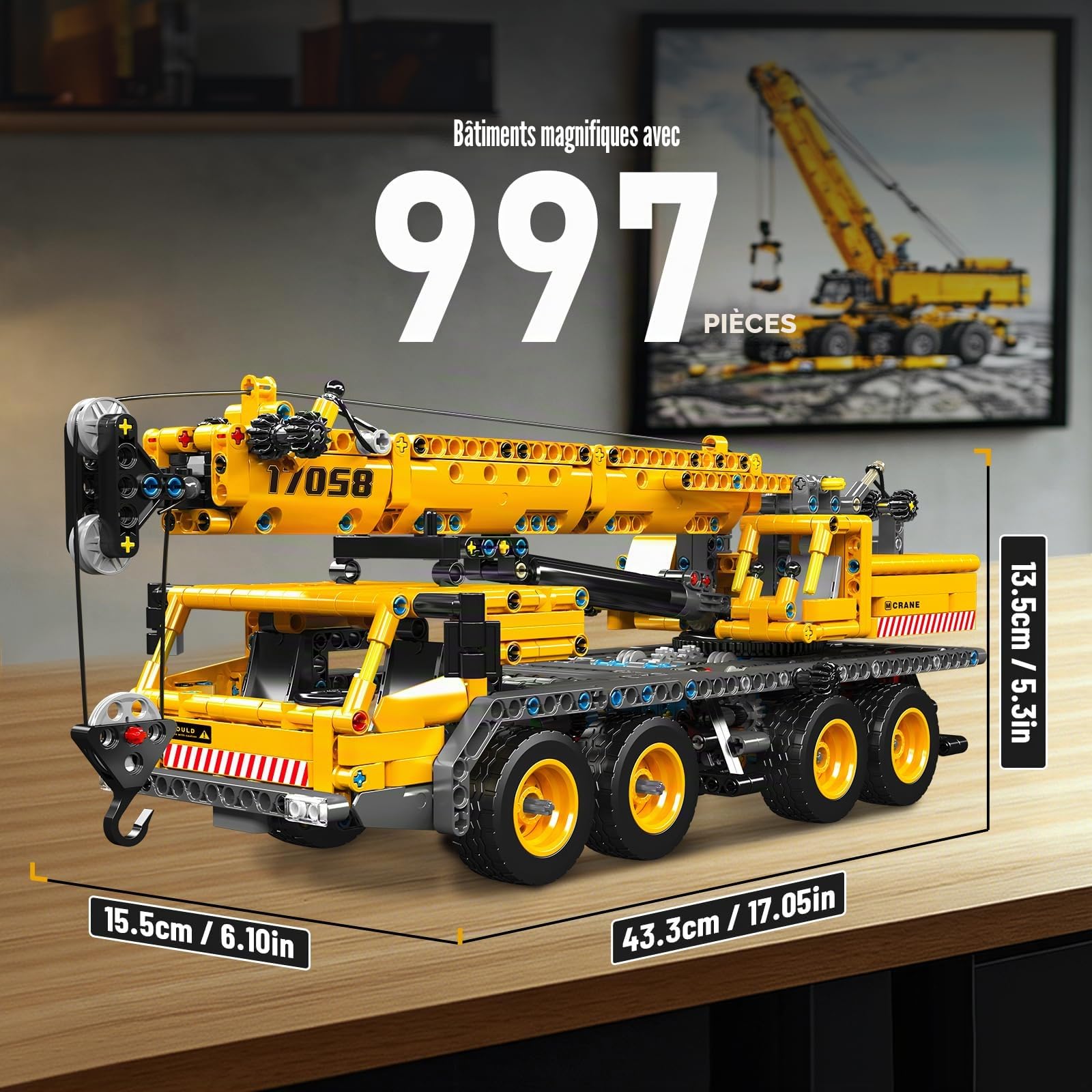 Mould King 17058 Technique Kit de construction camion de grue 997 pièces composé de grue et de camion, grue de chantier mobile, pour adultes à partir d'adultes (version statique)