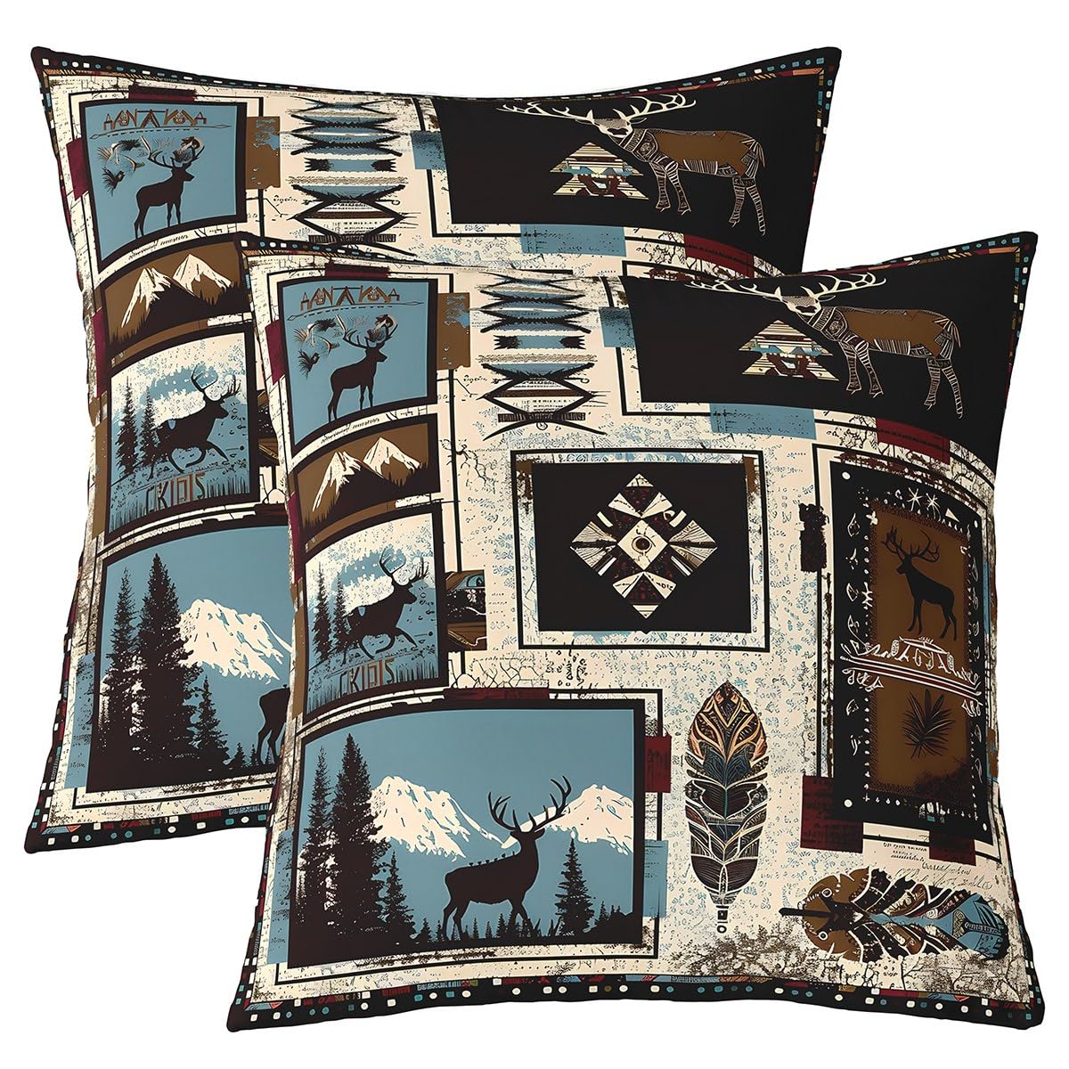 Homemissing Rustic Lodge Moose Deer Pillow Covers Boho Western Square Cushion Covers Set of 2 Aztec Feather Throw Pillow Covers Farmhouse Wildlife Cushion Covers for for Couch Sofa 55x55cm