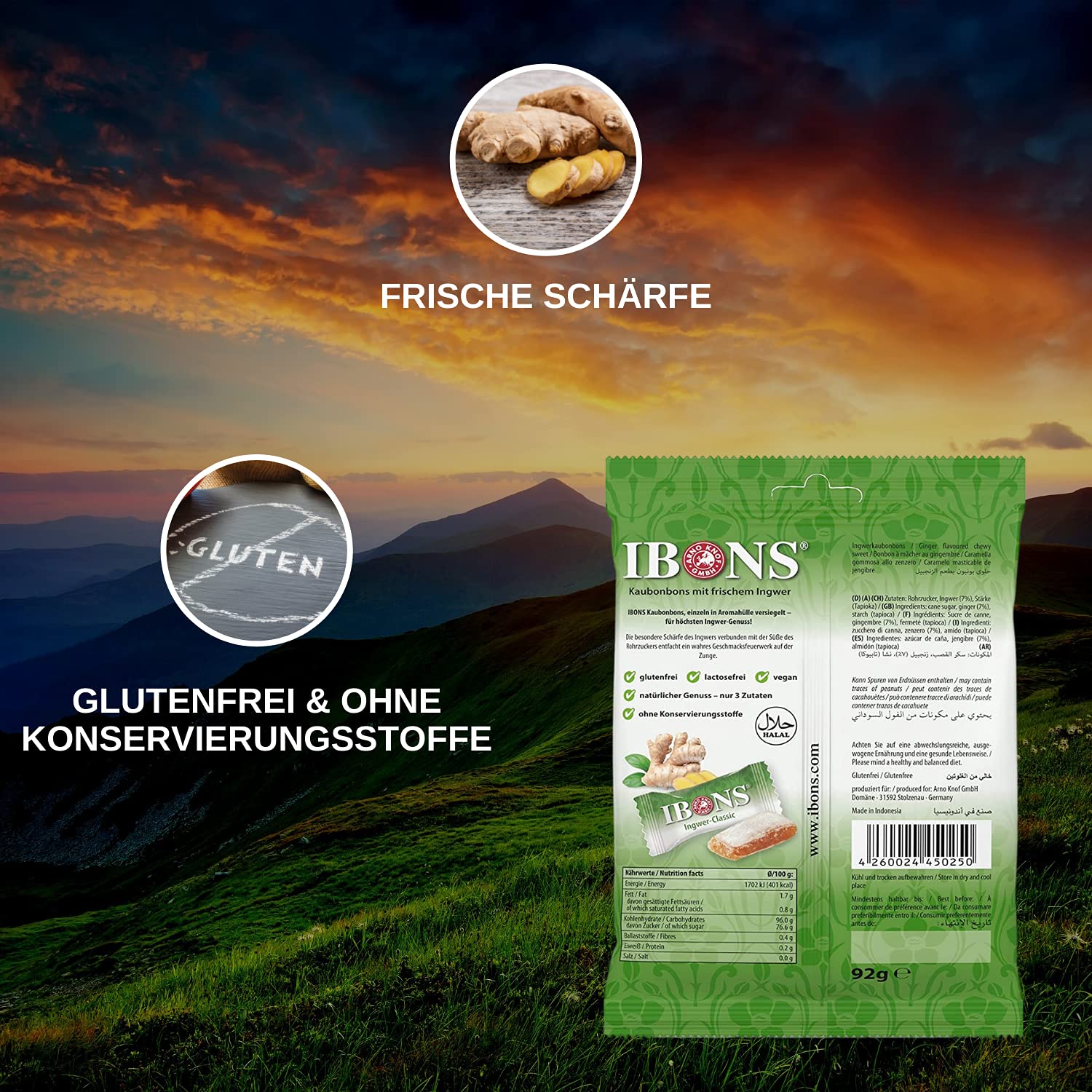 IBONS Ingwer Bonbons Classic – Weiche Ingwer Kaubonbons mit echtem frischem Ingwer – Süß & leicht scharf – Vegan & Glutenfrei & Halal & Lactosefrei – 10 x 92 g Tüten