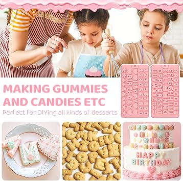 2PCS Silicone Molds for Chocolate,Number Letter Molds,Reusable Candy Molds with Happy Birthday Decorating Symbols,Mini Size Alphabet Decorating for Birthday Cake Lollipop Fondant Chocolate (Pink)