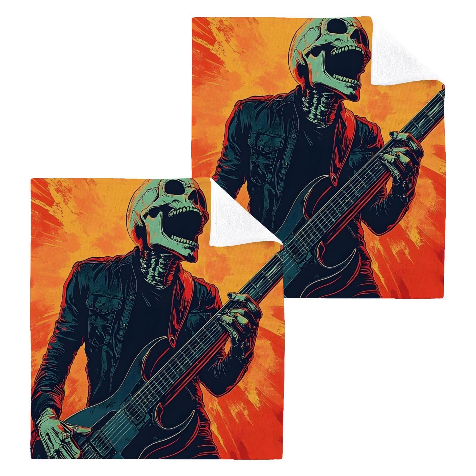 YANENDIE Skeleton Rock Washcloths Towels, Highly Absorbent and Soft Cotton Face Cloths, 2 Pack Quick Dry Wash Cloths - 12 X 12 Inches