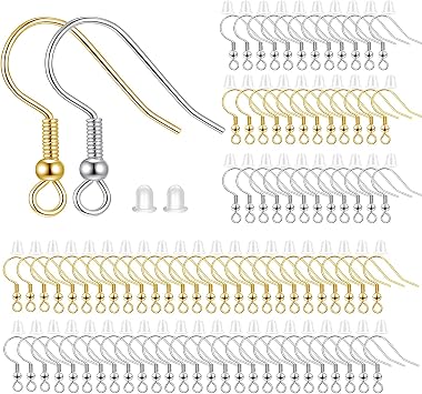 BEADNOVA 200pcs Mix Earring Hooks & Backs, Silver & Gold, 100pcs Hooks & 100pcs Backs, DIY Earring Supplies