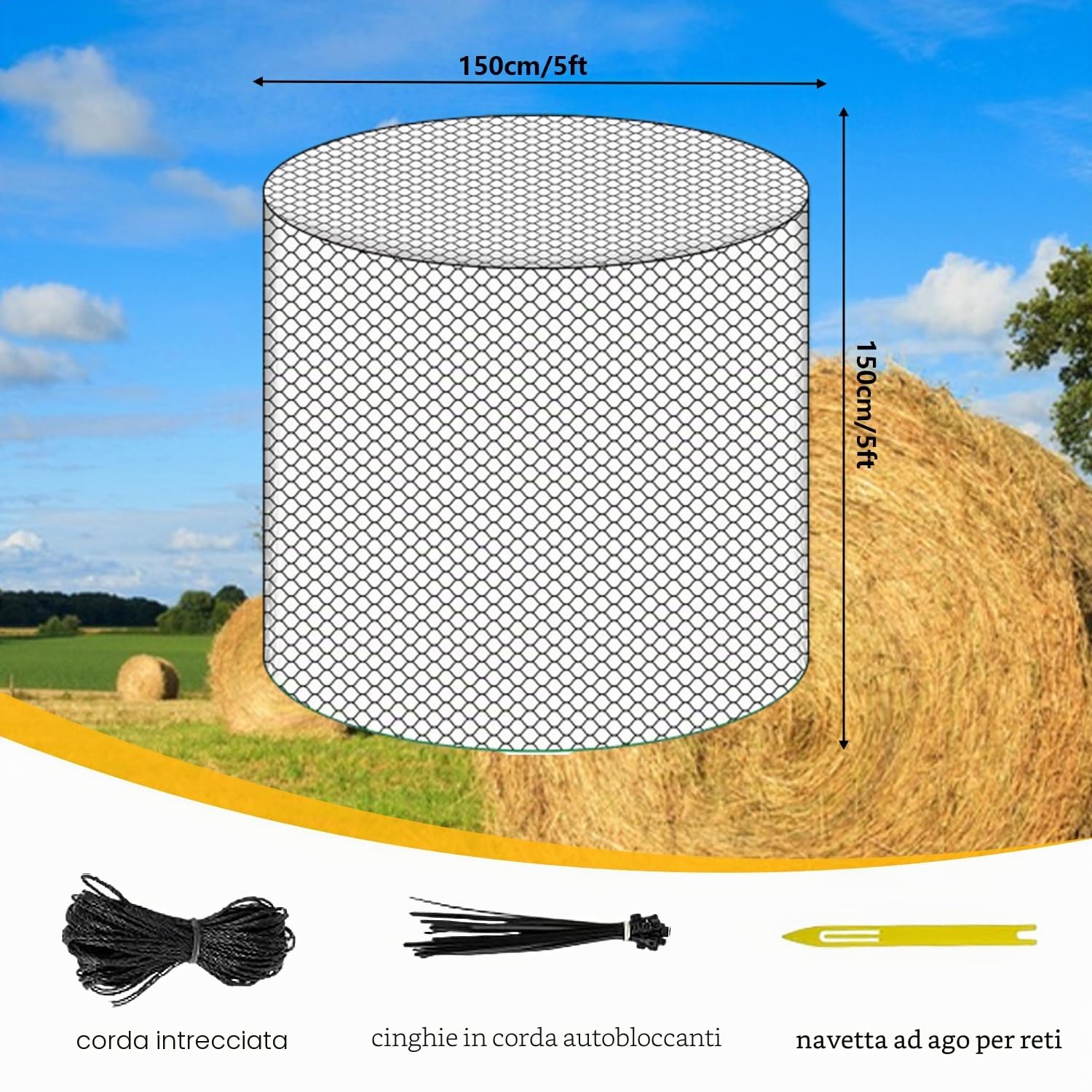 Rete per Cavalli, 5x5FT Stabile e Resistente all'Usura Rete da Fieno per Balle Rotonde per Cavalli,Rete da Fieno a Maglia Stretta,Prolungamento dei Tempi di Alimentazione(Larghezza Maglie 4,5x4,5cm)