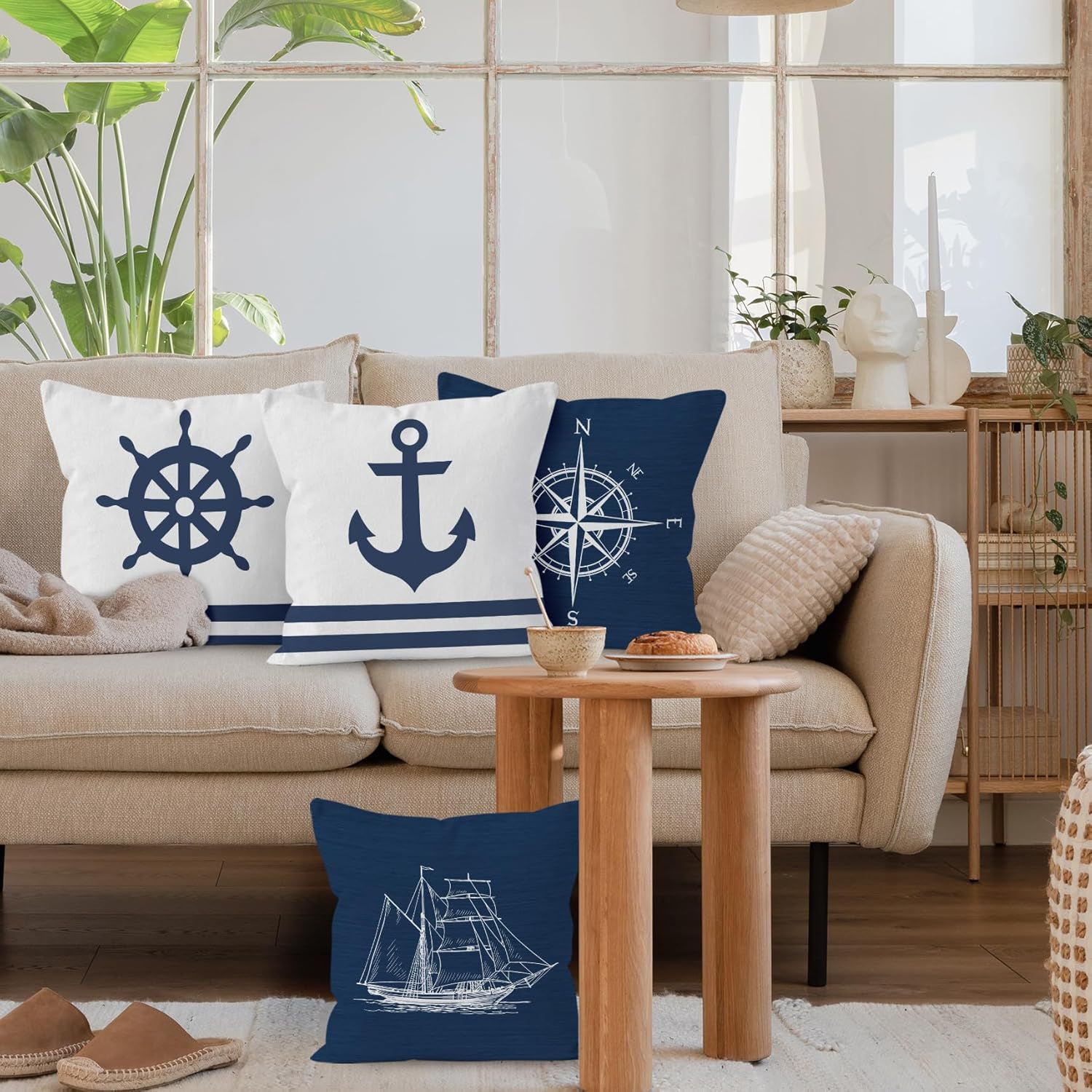 Coastal Nautical Decorative Throw Pillow Cover, Nautical Gifts, Navy Blue Boat Anchor Compass Ocean Pillow Covers for Home Beach House Room Bed Sofa Decor, 18x18 Inch Set of 4 - Image 4