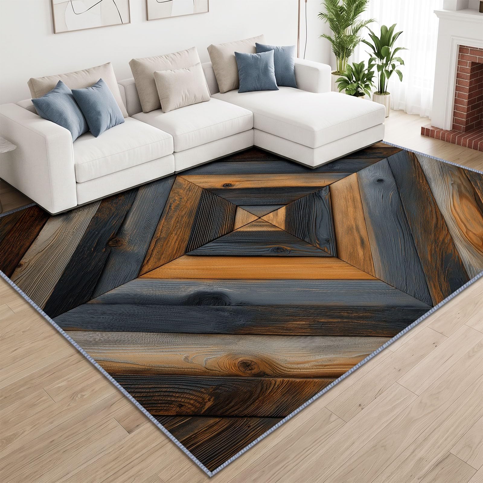 Tapis Salon Rustique Naturel Lavable 120 x 170 cm, Tapis à Poils Courts Motif Veinage du Bois Losanges Géométriques Antidérapant Doux Idéal pour Salle À Manger Chambre d'enfant Bureau