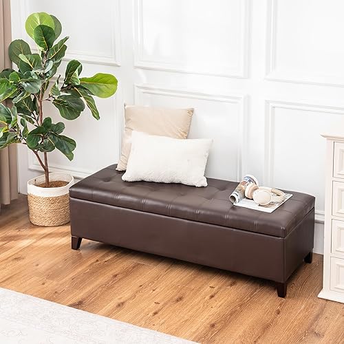 Miniatura 8 de Ottoman with Storage, 51 Inch Large Ottomans Storage Bench,Faux Leather Upholstered End of Bed Bench with Hinged Lid, Long Foot Rest Stool for Marrón