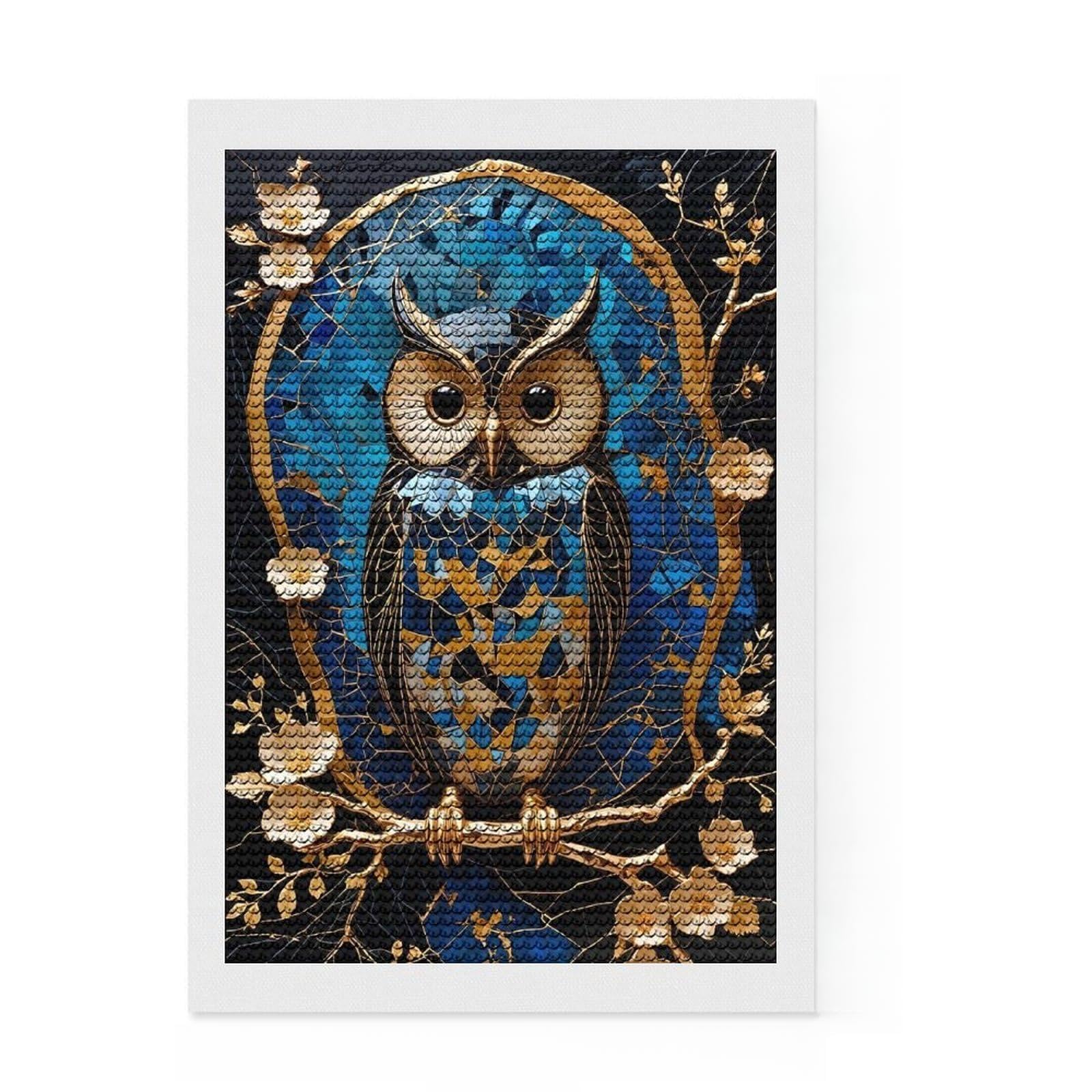 Junmoney Owl Art 5D Diamond Painting Kit 8"x12", Round Gems, Sparkling Crystal Beads, Artistic Hobby, Farmhouse Decor