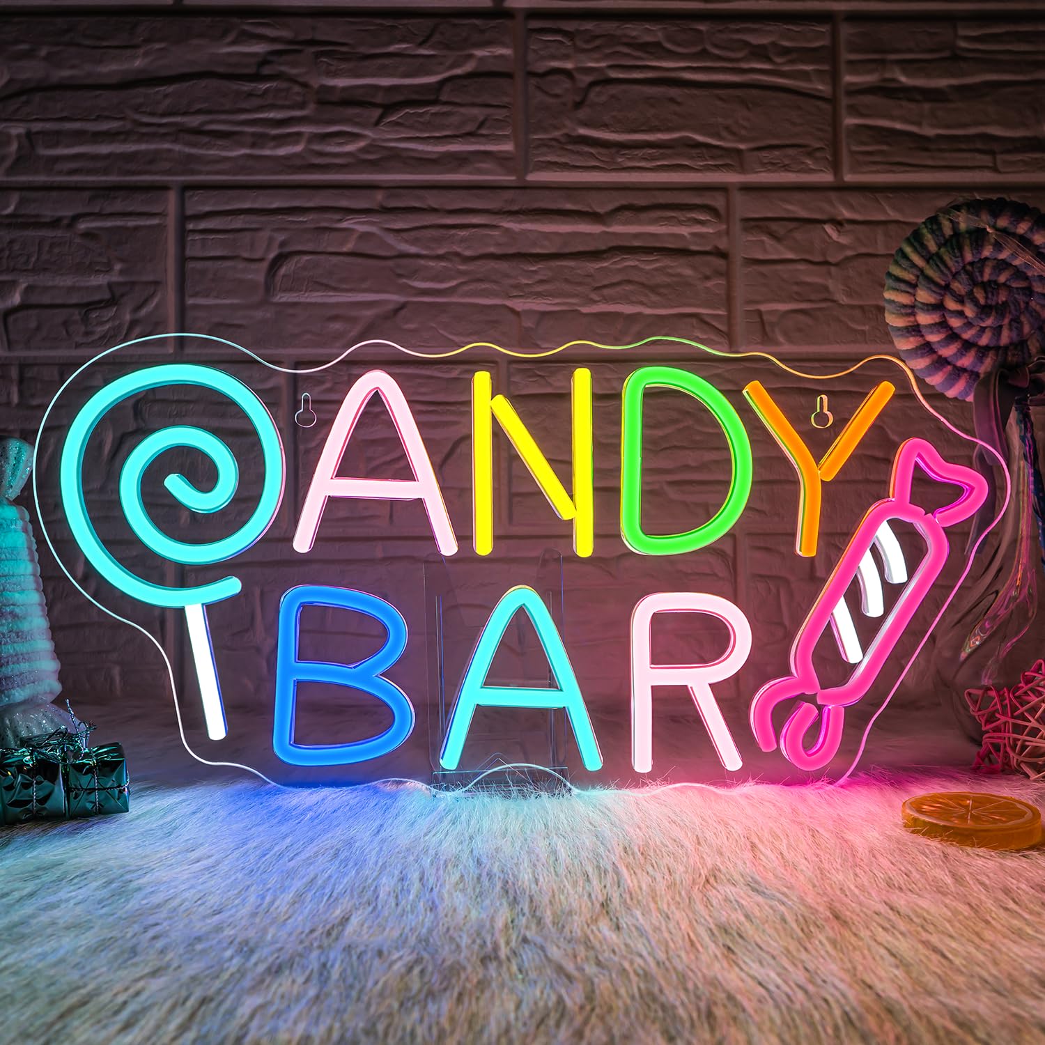 Ineonlife Candy Bar Neon Sign Lollipop Neon Signs For Wall Decor Led Lights Birthday Party Teen Bedroom Candy Shop Lollipop Store Halloween Decor Kid Gifts Adjustable USB Powered 7.68x16.54in