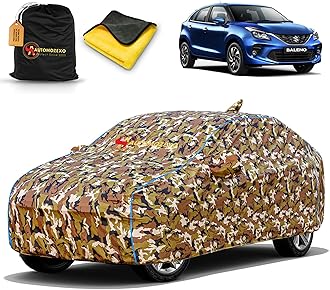 AUTOMOZEXO Maruti Suzuki Baleno 100% Waterproof Car Cover for All Weather Protection with Mirror & Antena Pocket Inner Cotton Triple Stitched Adjustable Belt Bottom Elastic Cover to Secure Fit -Jungle
