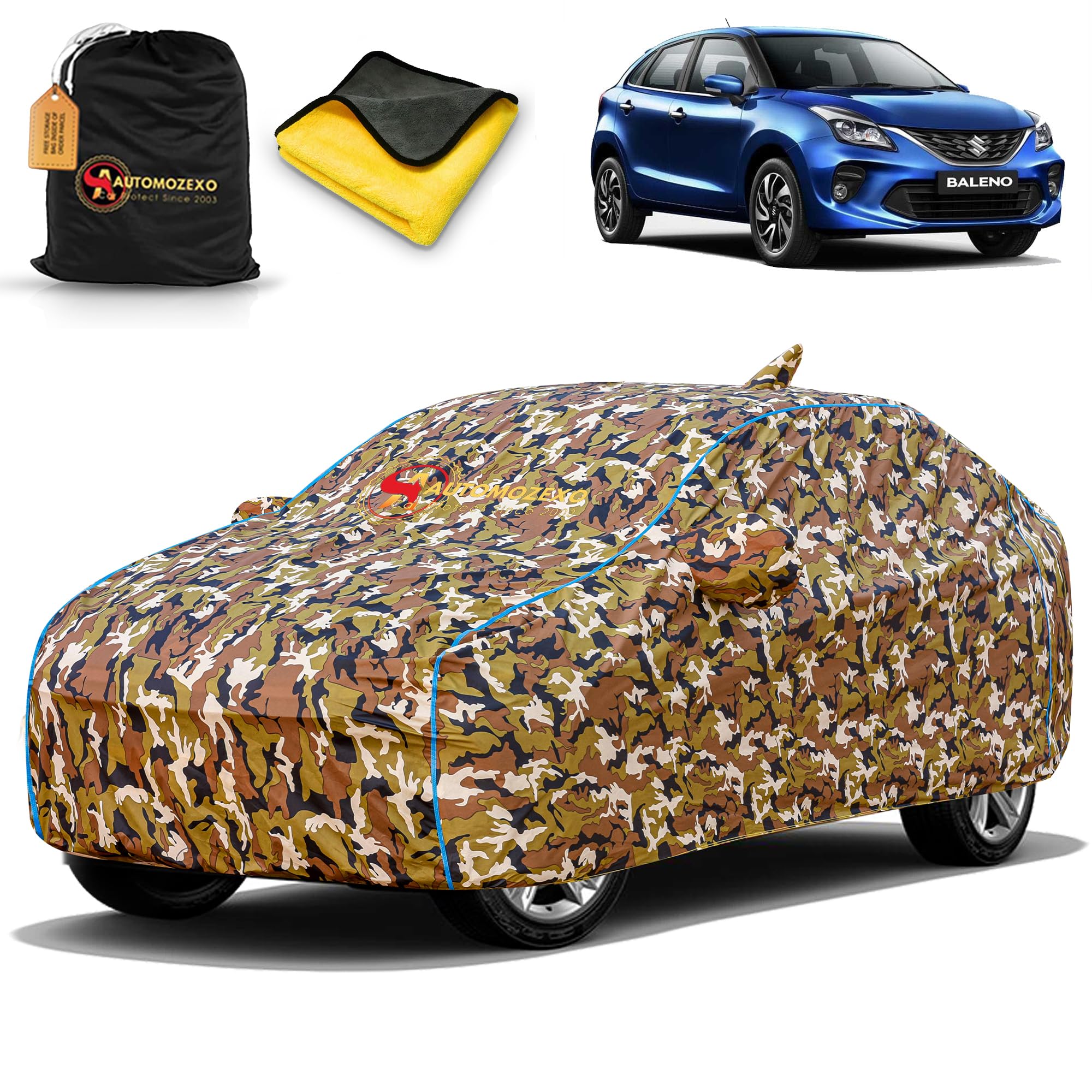 Maruti Suzuki Baleno 100% Waterproof Car Cover for All Weather Protection with Mirror & Antena Pocket Inner Cotton Triple Stitched Adjustable Belt Bottom Elastic Cover to Secure Fit -Jungle
