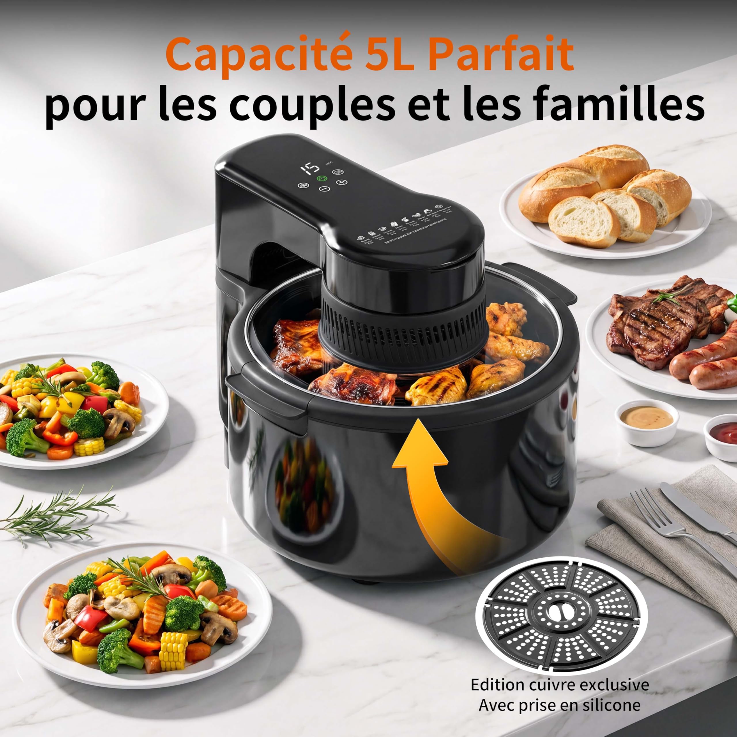 Air Fryer 5L,Friteuse sans huile portable,Diététique,avec Ecran Tactile Digital,Fenêtre de Visualisation,Repas complet, synchronisation, Économie d'énergie (Noir)