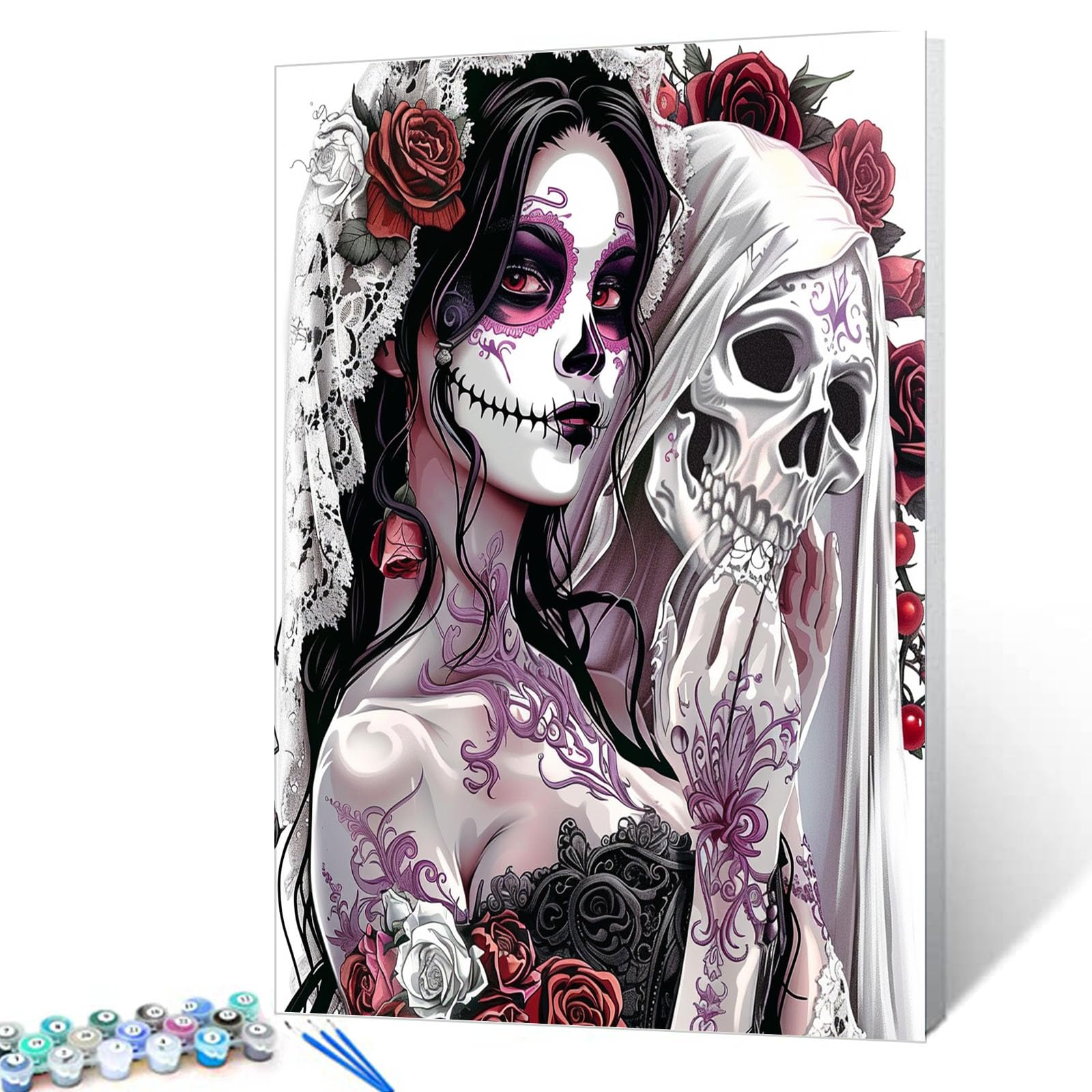 Aihonmin Sugar Skull Girl Paint by Numbers Kits for Adult Beginners Halloween Human Skull Painting Kits on Canvas with Brushes and Acrylic Pigment for Home Wall Decor Without Framed 16''W x 20''H