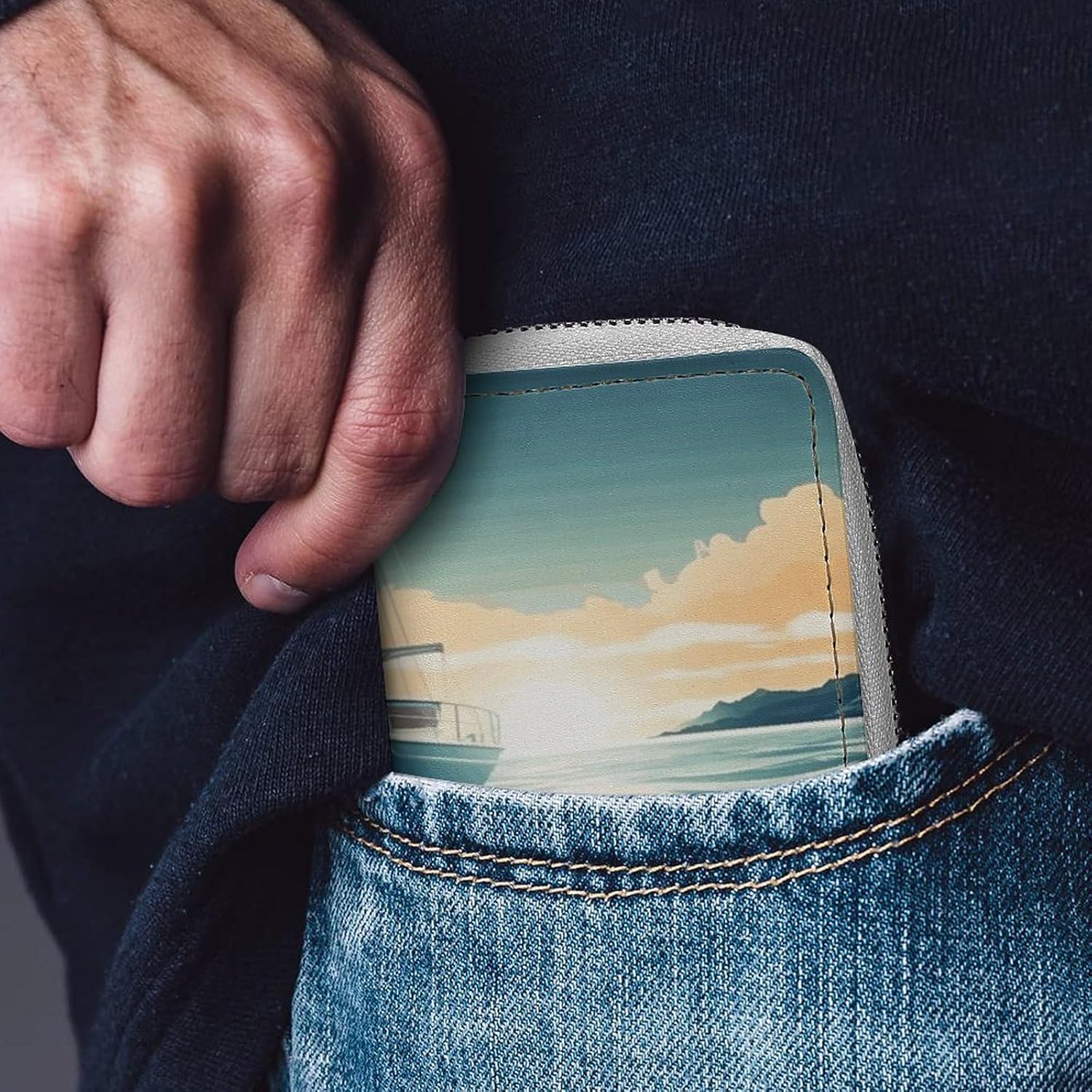 Boat Seascape Theme Card Holder RFID Blocking,Credit Card Wallet for Women And Men,Card Case Organizer Bag with Zipper
