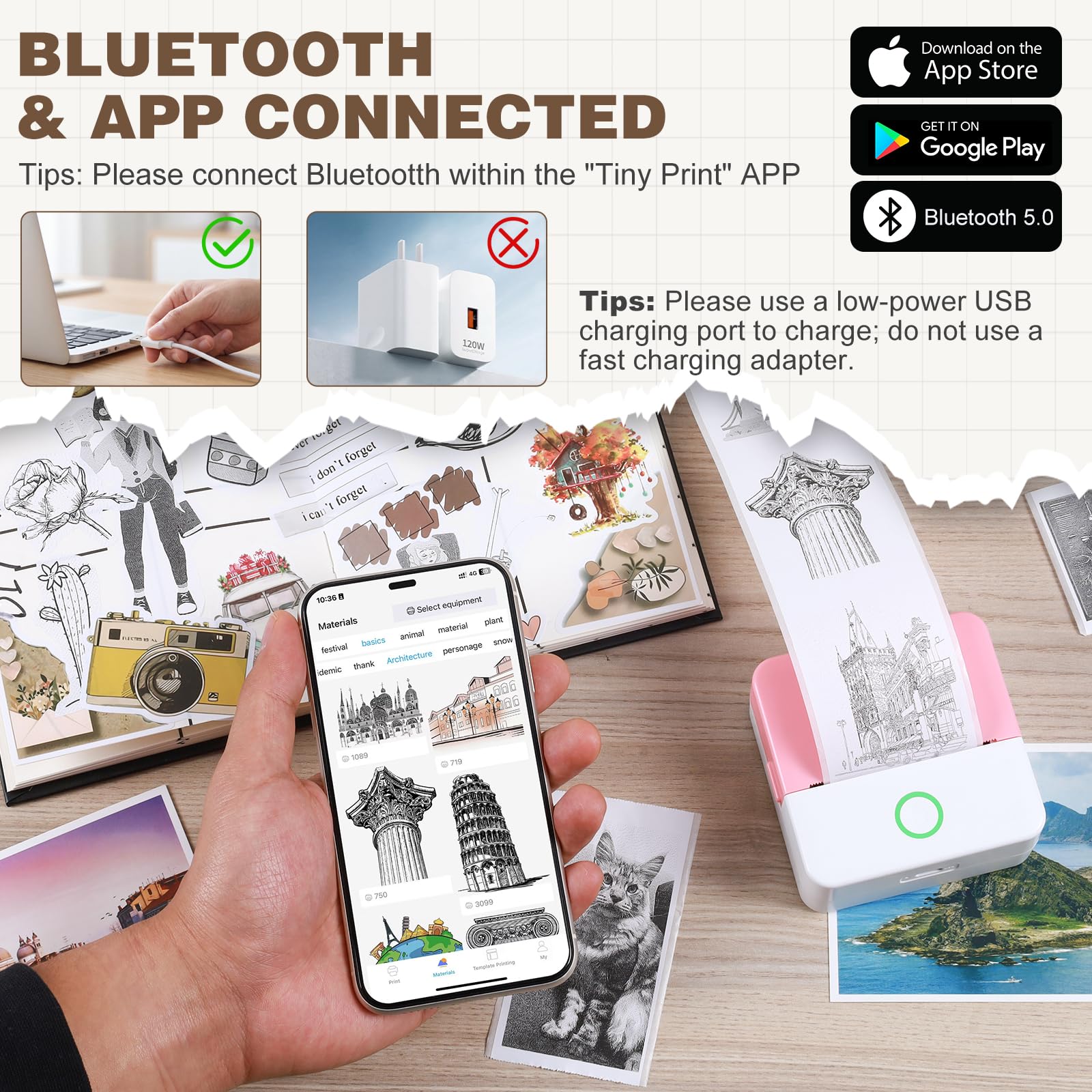 Stampante termica senza inchiostro, con 10 rotoli di carta da stampa, Pocket Printpod per telefono, Impresora Portátil per appunti, flashcard, diario, fai da te, compatibile con iOS e Android
