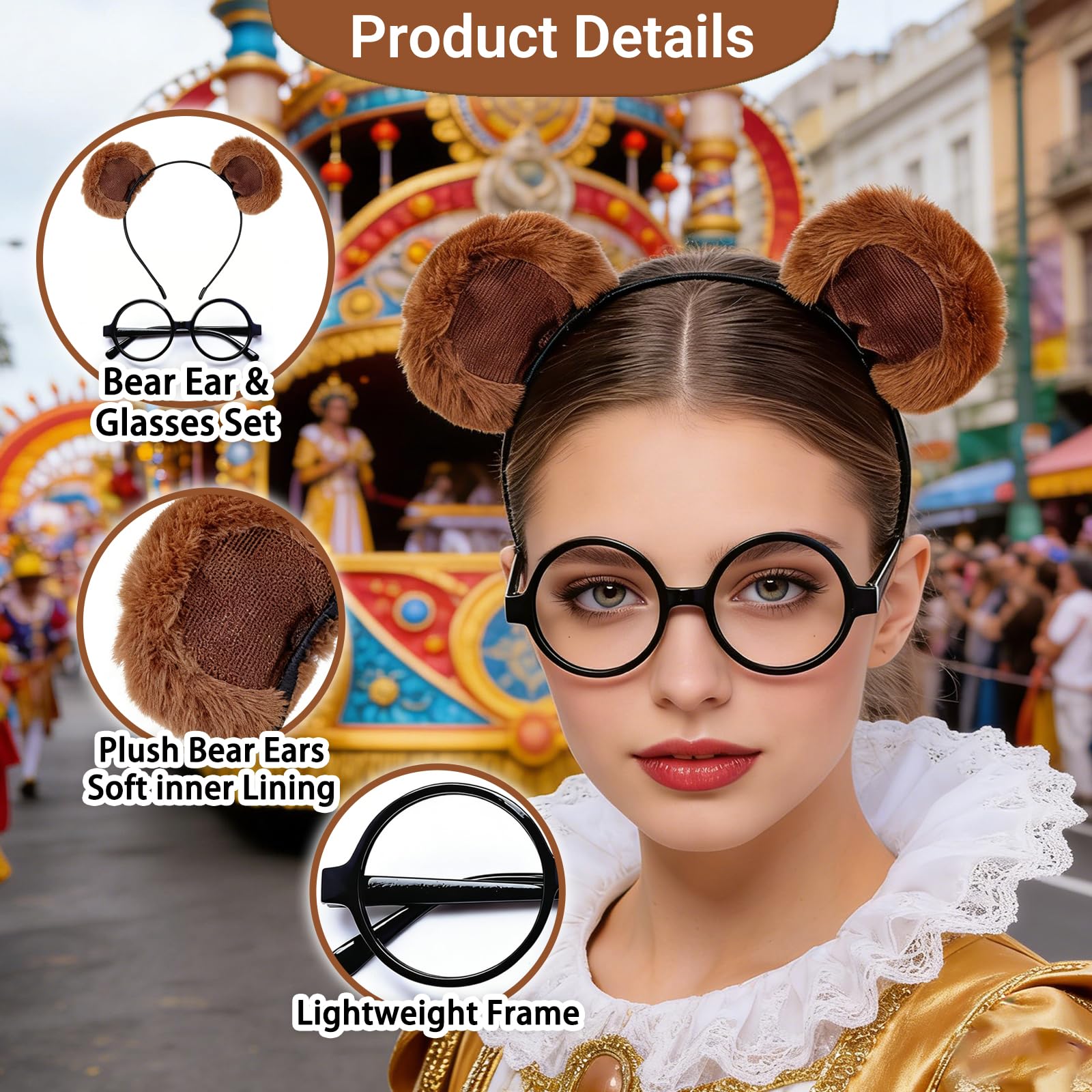 Bear Ears Headband with Glasses Frame, Brown Plush Hair Clip & Black Glasses, Complete Costume Accessory for Cosplay Carnival - Image 3