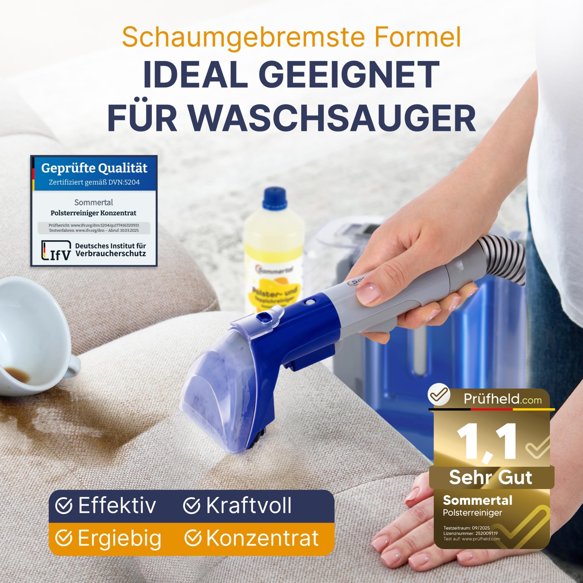 Sommertal Nettoyant professionnel concentré pour tissus d'ameublement et tapis, 1 l, pour plus de 40 lavages, convient pour canapé, coussins, sièges de voiture, tapis, matelas, aspirateur humide et