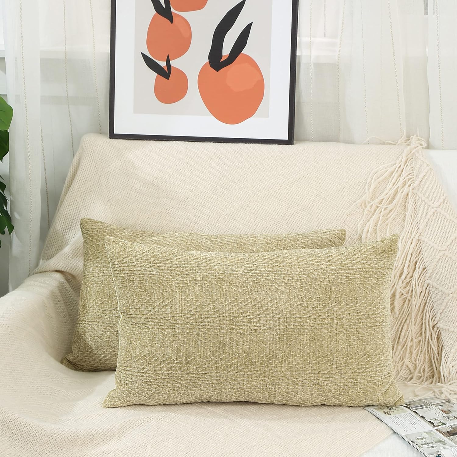 Amity.hy2pcs/Set Premium Lumbar Throw Pillow Covers. Cozy Textured Chenille Toss Pillow Case. Decorative Couch Cushion Cover. for Sofa, Bed and Car. 12"X20" Light Green