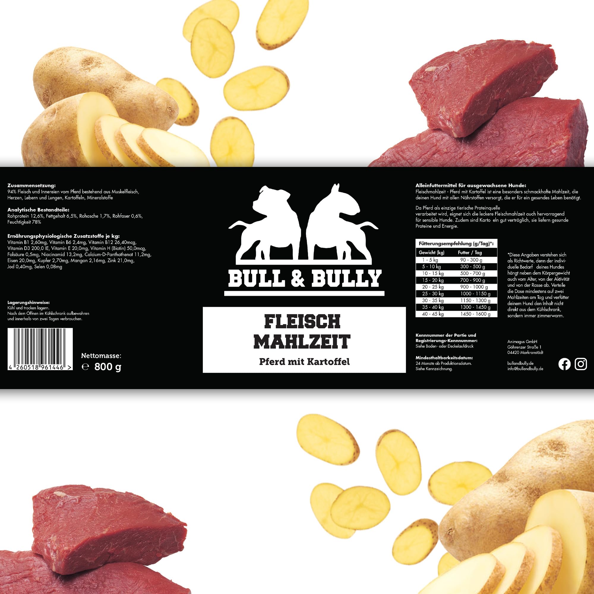 Hundefutter Nass 800g 12x Fleischmahlzeit Pferd mit Kartoffel | Tierärzten entwickeltes Hunde Nassfutter Premium Wet Dog Food mit 94% Fleischanteil für aktive Hunde von BULL & BULLY