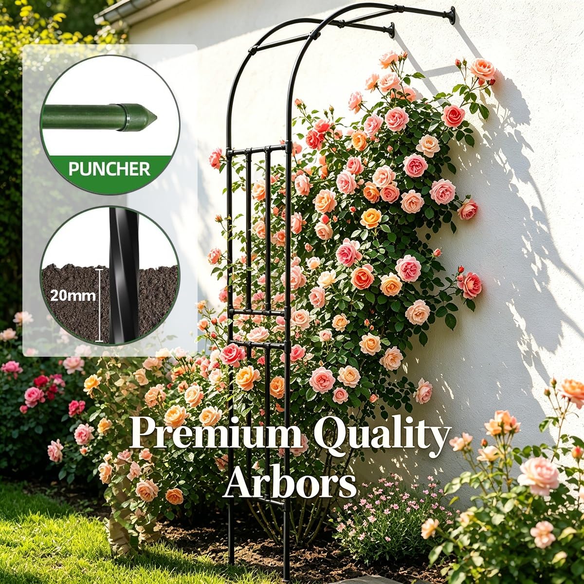 Rankhilfe Halbbogen 60-300 cm Rosenbogen Halbbogen aus Metall, Kletterhilfe für Kletterpflanzen, Wandrosenbogen für Terrasse und Garten, stabile Gartenhalbbogen wetterfest(Weiß,W180xH270cm)